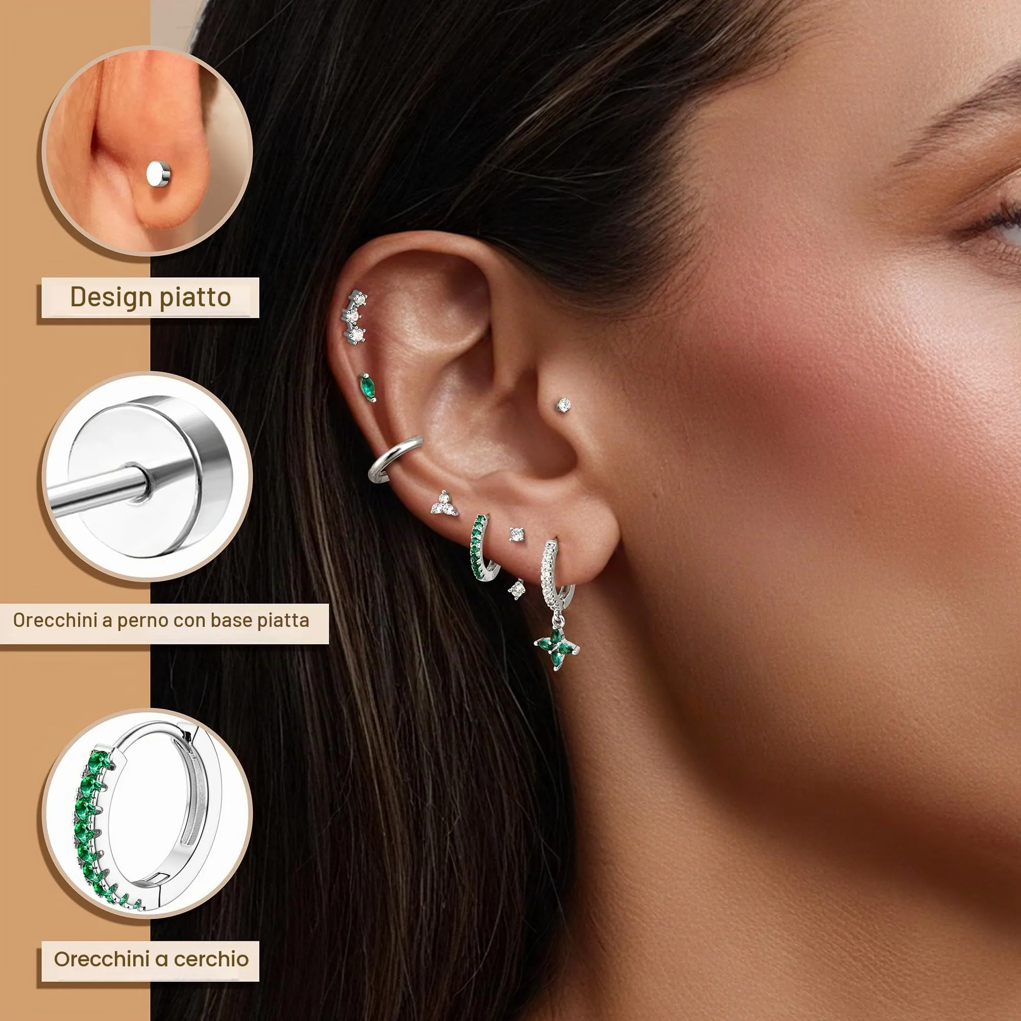 Roheafer 10 Paia Orecchini Donna Acciaio Inossidabile, Set Orecchini a Lobo Piatto & Cerchietti per Piercing Multipli (Cartilagine/Helix/Trago) - immagine 3
