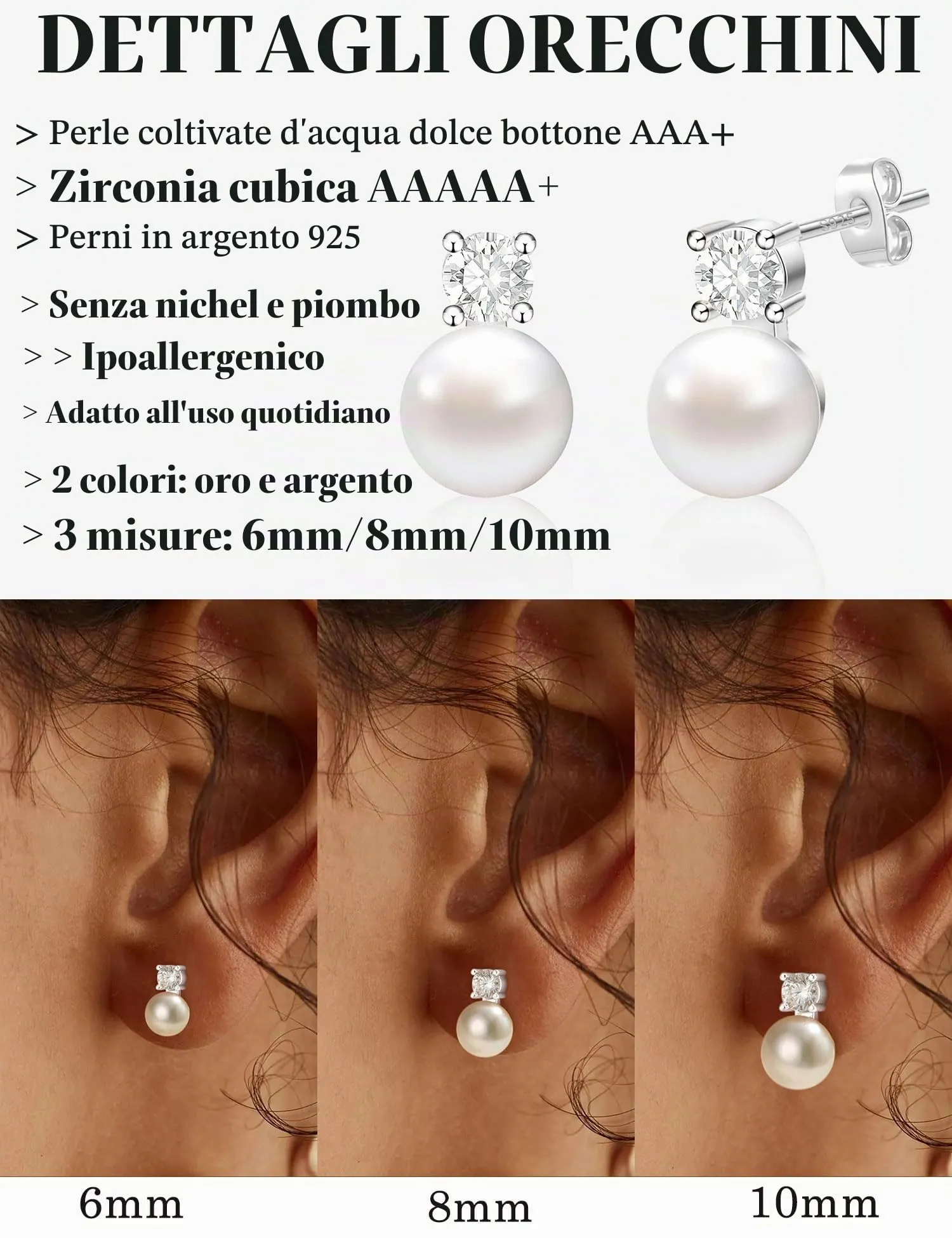 ZNBOH Orecchini Perle Donna Anallergici Perle Vere Perline Sfera Rotonda Orecchini a Bottone Zirconi Orecchini Sposa Matrimonio Cartilagine Trago Helix Piercings Gioielli Argento 8mm - immagine 3
