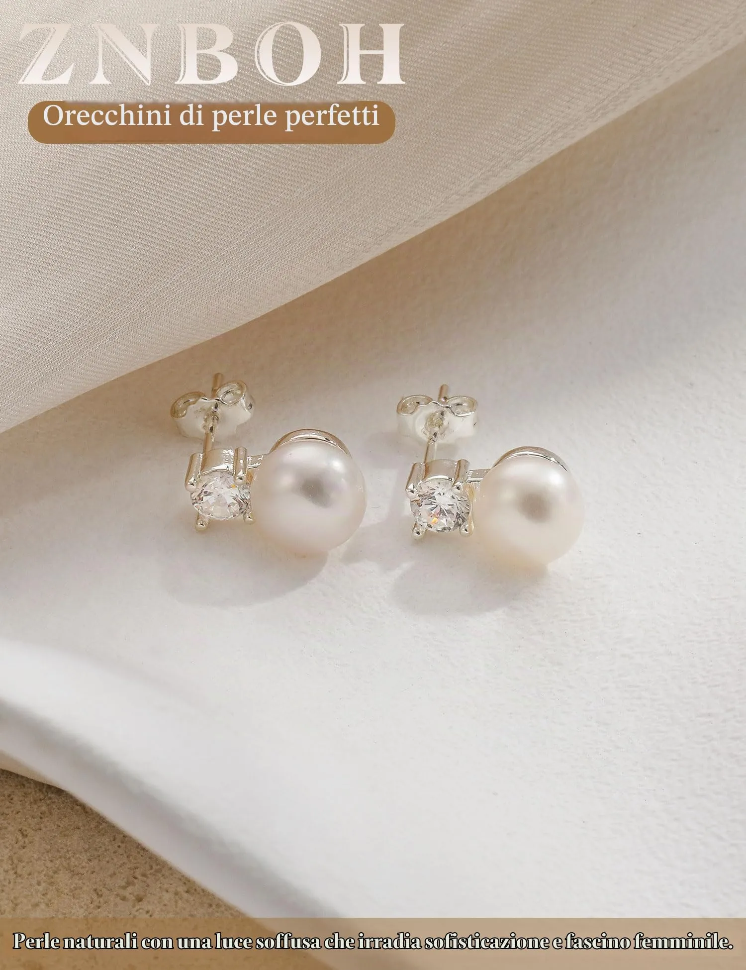 ZNBOH Orecchini Perle Donna Anallergici Perle Vere Perline Sfera Rotonda Orecchini a Bottone Zirconi Orecchini Sposa Matrimonio Cartilagine Trago Helix Piercings Gioielli Argento 8mm - immagine 5