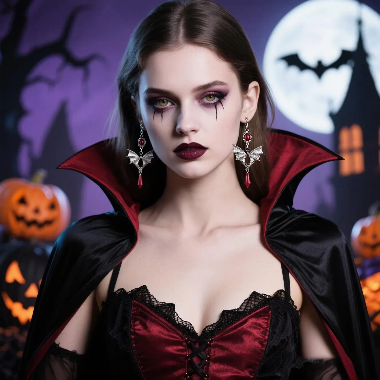 Orecchini gotici, a forma di pipipistrello, orecchini gotici, orecchini lunghi da vampiro, per ragazze e donne, Mittel, Lega di acciaio, Nessuna pietra preziosa (Rosso) - immagine 4
