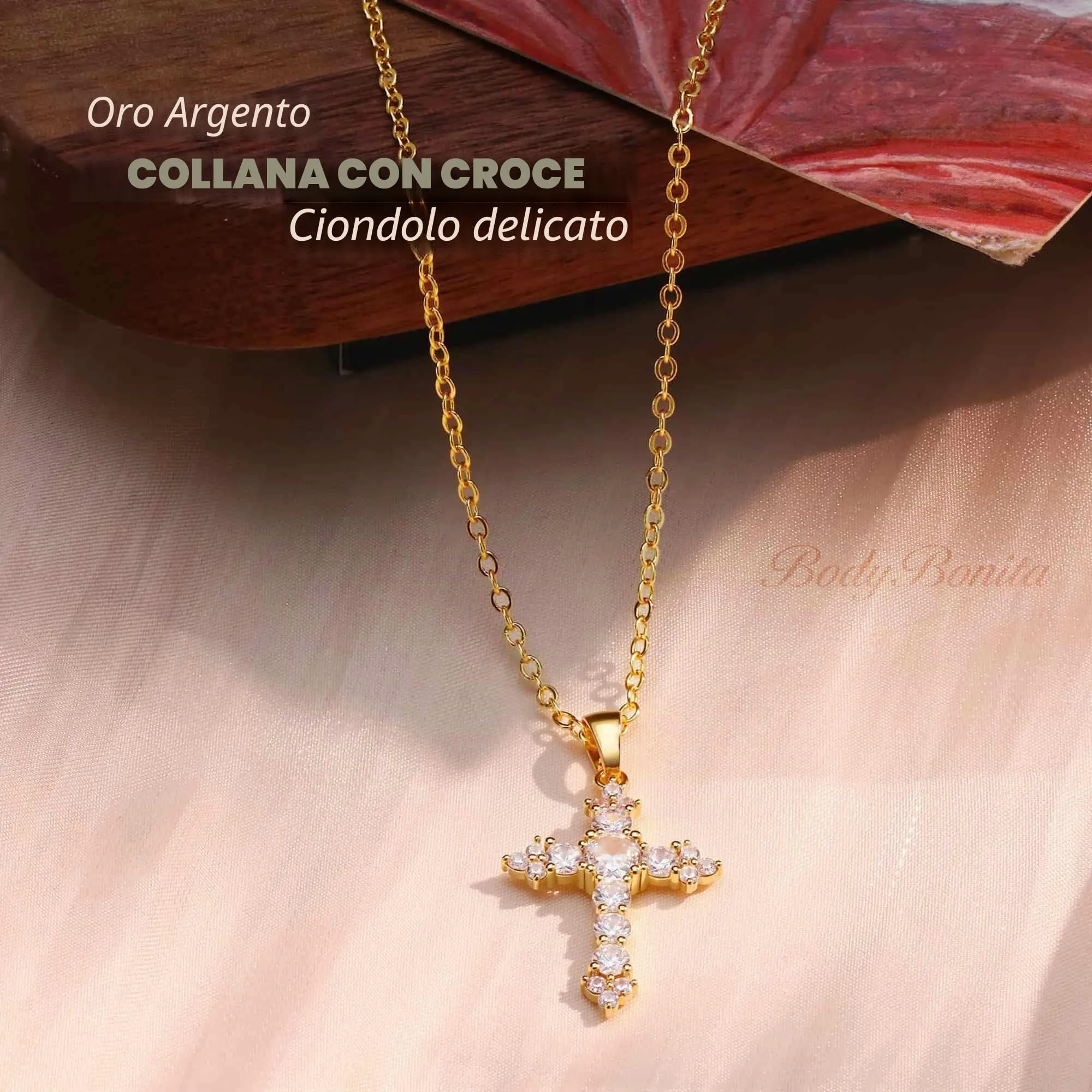 BodyBonita Collana con Croce Donna, Ciondolo Croce Semplice con Zirconia Cubica, Placcata in Oro 16K, Choker con Chiusura a Moschettone in Argento Sterling 925, Gioielli Moda G-C - immagine 2