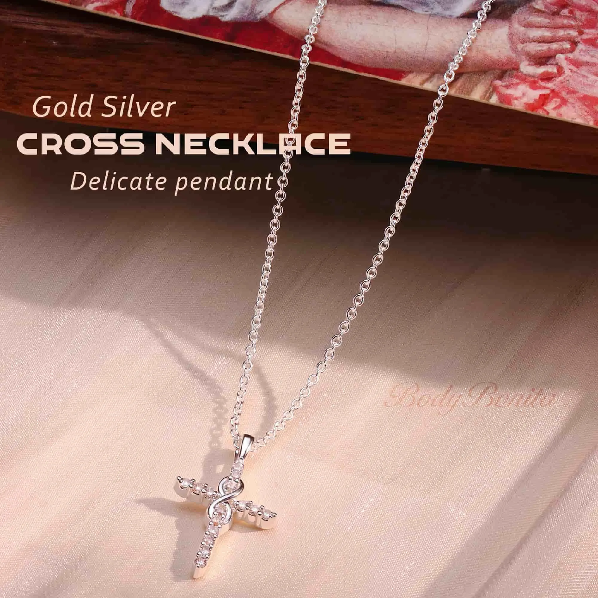 BodyBonita Collana con Croce Donna, Ciondolo Croce Semplice con Zirconia Cubica, Color Argento, Choker con Chiusura a Moschettone in Argento Sterling 925, Gioielli Moda S-F - immagine 2
