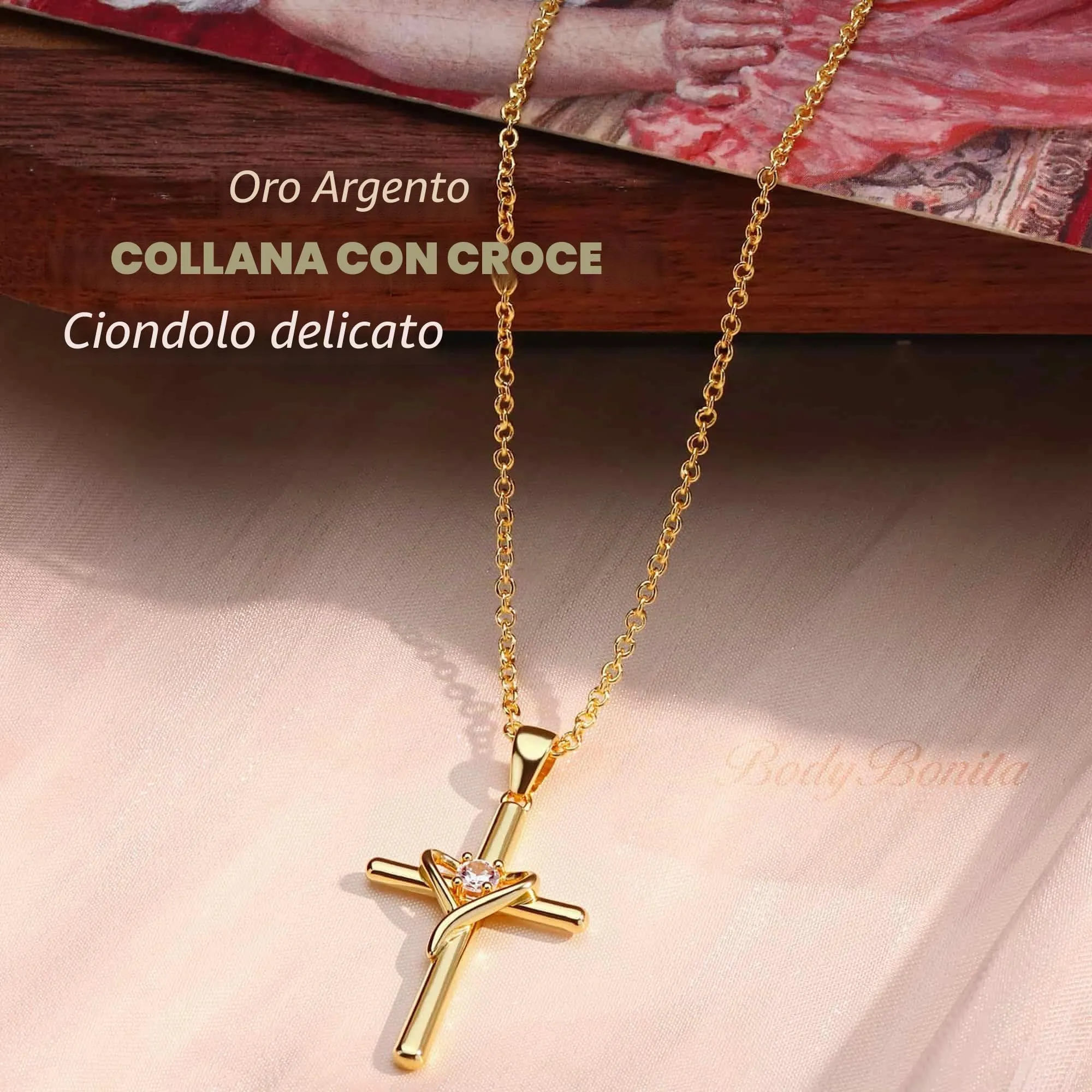 BodyBonita Collana con Croce Donna, Ciondolo Croce Semplice con Zirconia Cubica, Placcata in Oro 16K, Choker con Chiusura a Moschettone in Argento Sterling 925, Gioielli Moda G-E - immagine 2