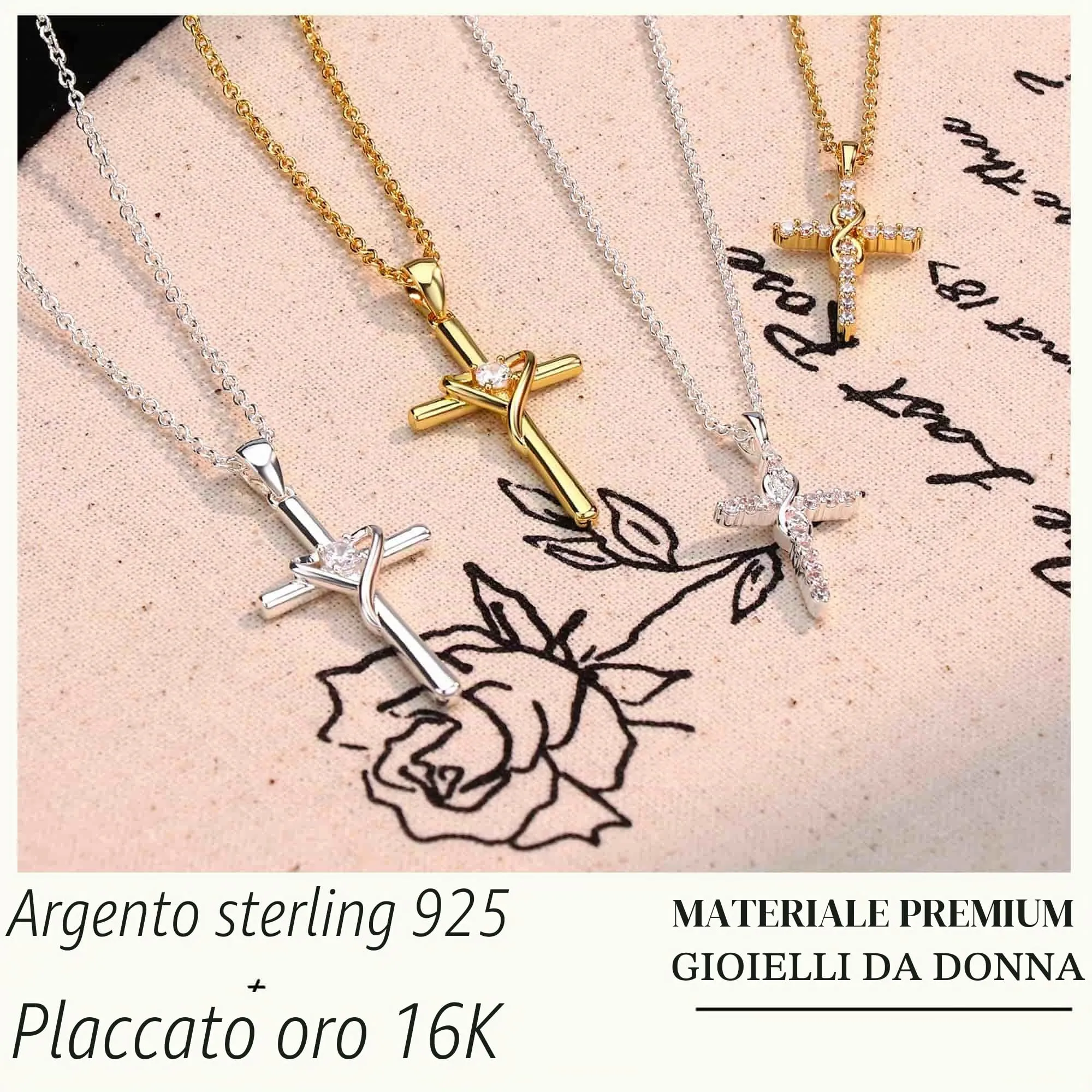 BodyBonita Collana con Croce Donna, Ciondolo Croce Semplice con Zirconia Cubica, Placcata in Oro 16K, Choker con Chiusura a Moschettone in Argento Sterling 925, Gioielli Moda G-E - immagine 6