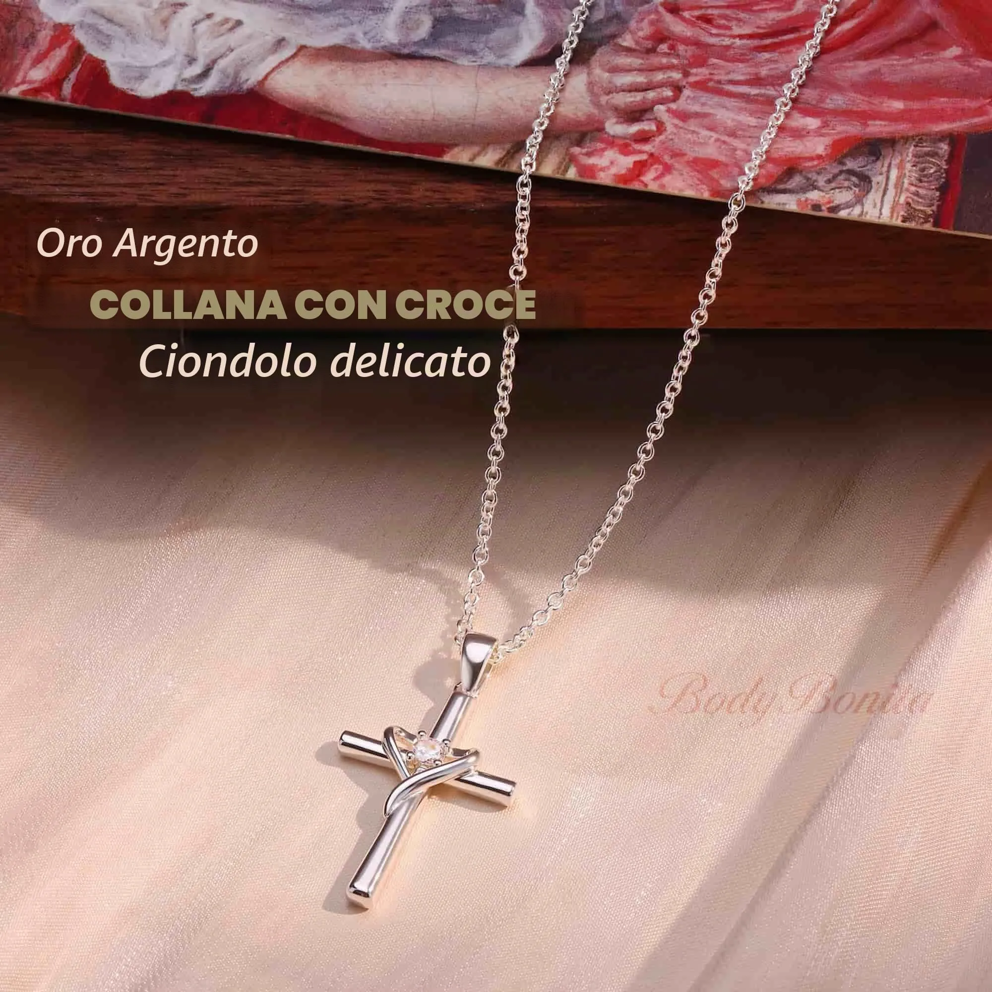 BodyBonita Collana con Croce Donna, Ciondolo Croce Semplice con Zirconia Cubica, Color Argento, Choker con Chiusura a Moschettone in Argento Sterling 925, Gioielli Moda S-E - immagine 2