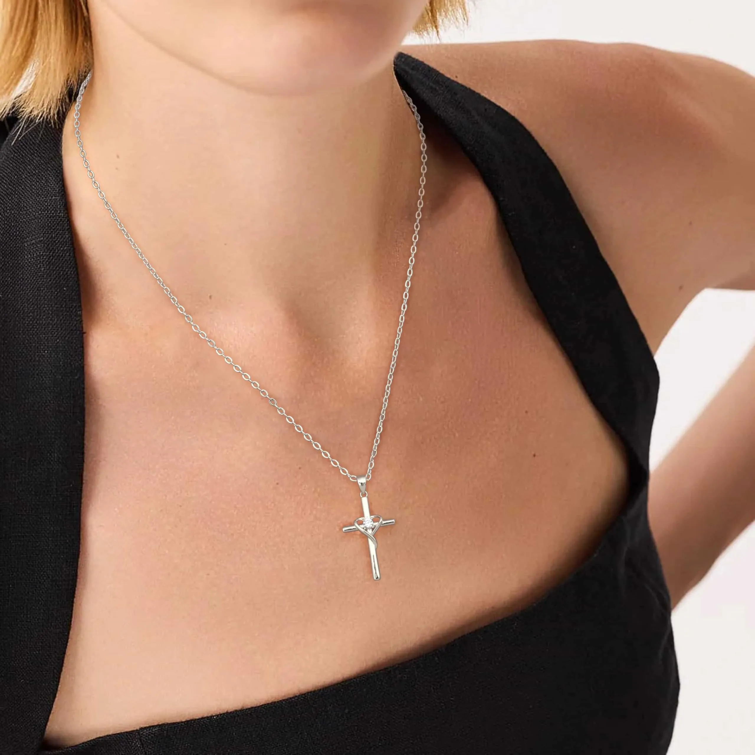 BodyBonita Collana con Croce Donna, Ciondolo Croce Semplice con Zirconia Cubica, Color Argento, Choker con Chiusura a Moschettone in Argento Sterling 925, Gioielli Moda S-E - immagine 5