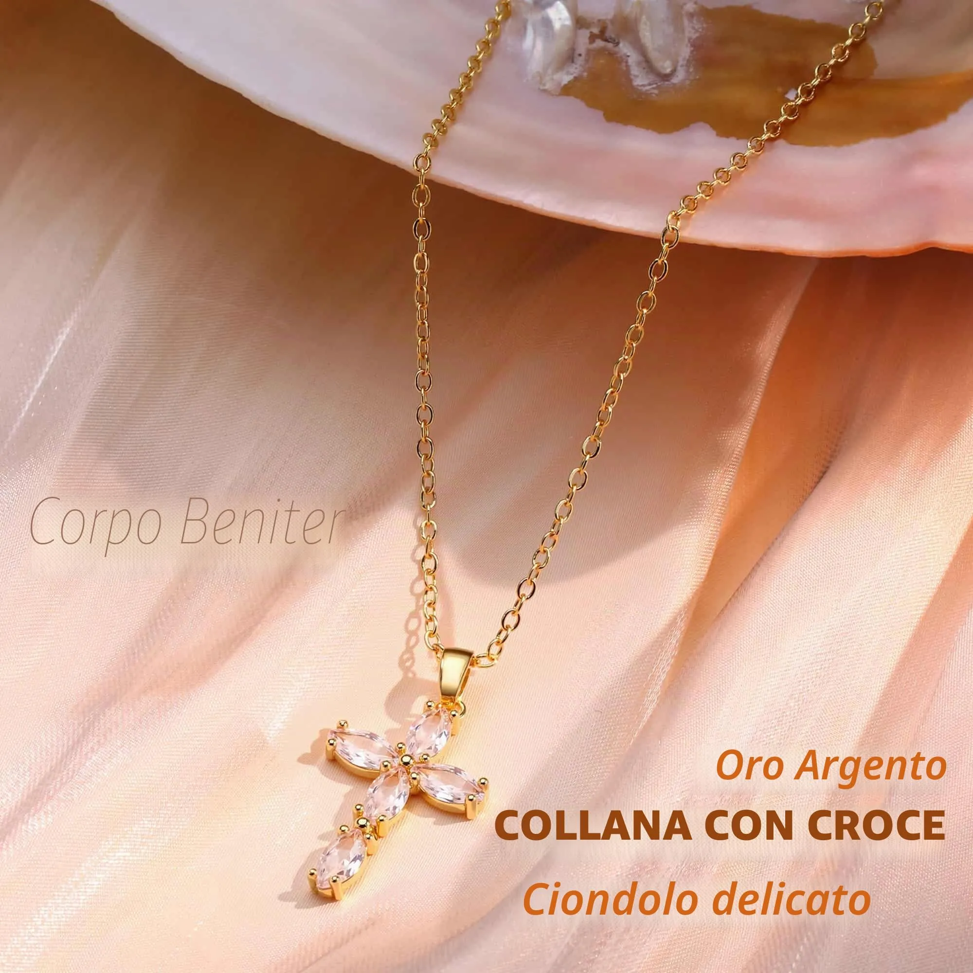 BodyBonita Collana con Croce Donna, Ciondolo Croce Semplice con Zirconia Cubica, Placcata in Oro 16K, Choker con Chiusura a Moschettone in Argento Sterling 925, Gioielli Moda G-A - immagine 2