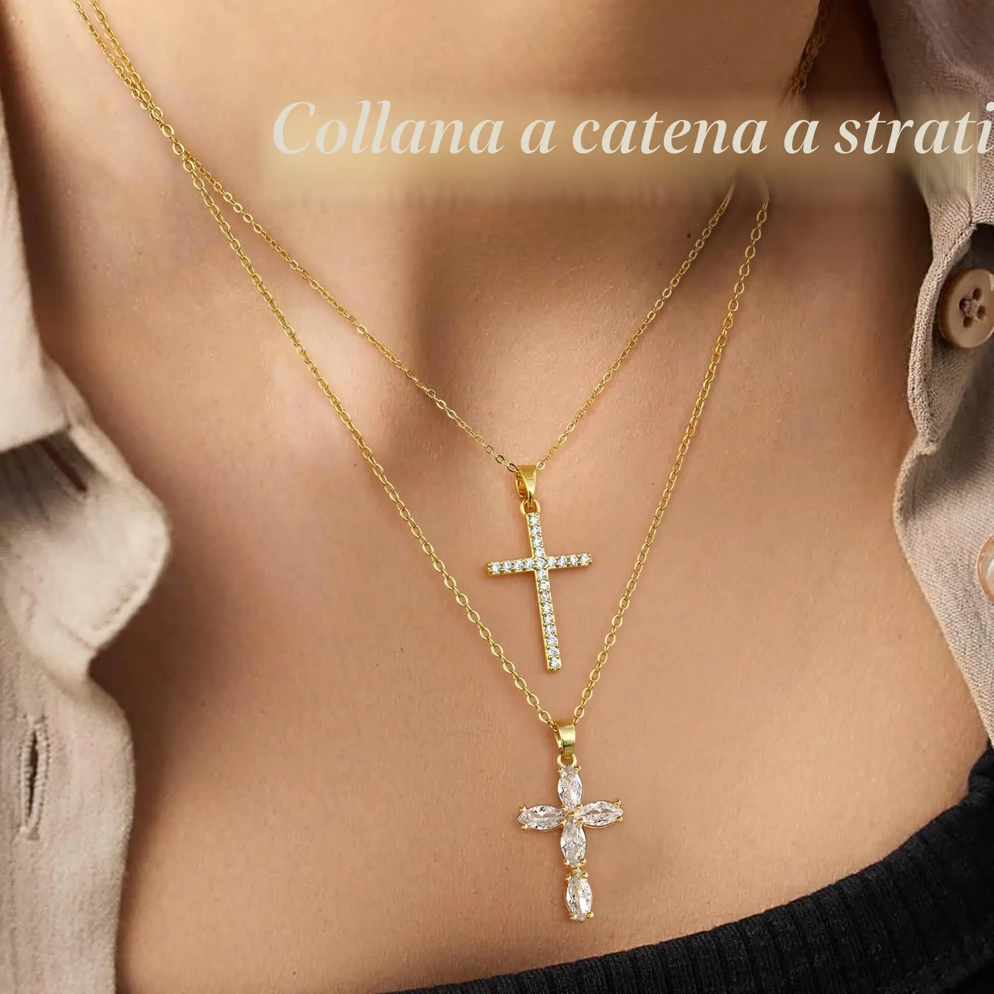 BodyBonita Collana con Croce Donna, Ciondolo Croce Semplice con Zirconia Cubica, Placcata in Oro 16K, Choker con Chiusura a Moschettone in Argento Sterling 925, Gioielli Moda G-A - immagine 5