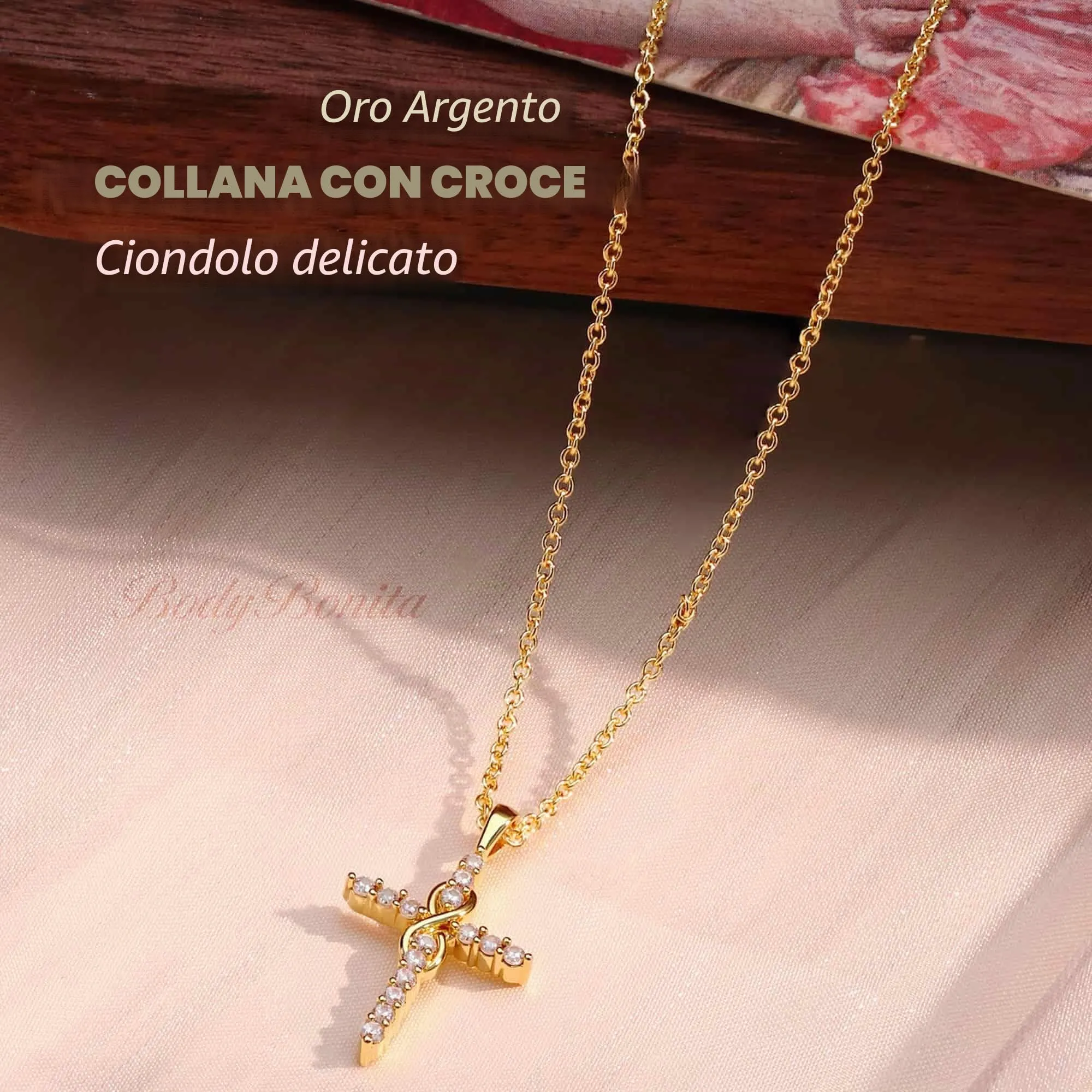 BodyBonita Collana con Croce Donna, Ciondolo Croce Semplice con Zirconia Cubica, Placcata in Oro 16K, Choker con Chiusura a Moschettone in Argento Sterling 925, Gioielli Moda G-F - immagine 2