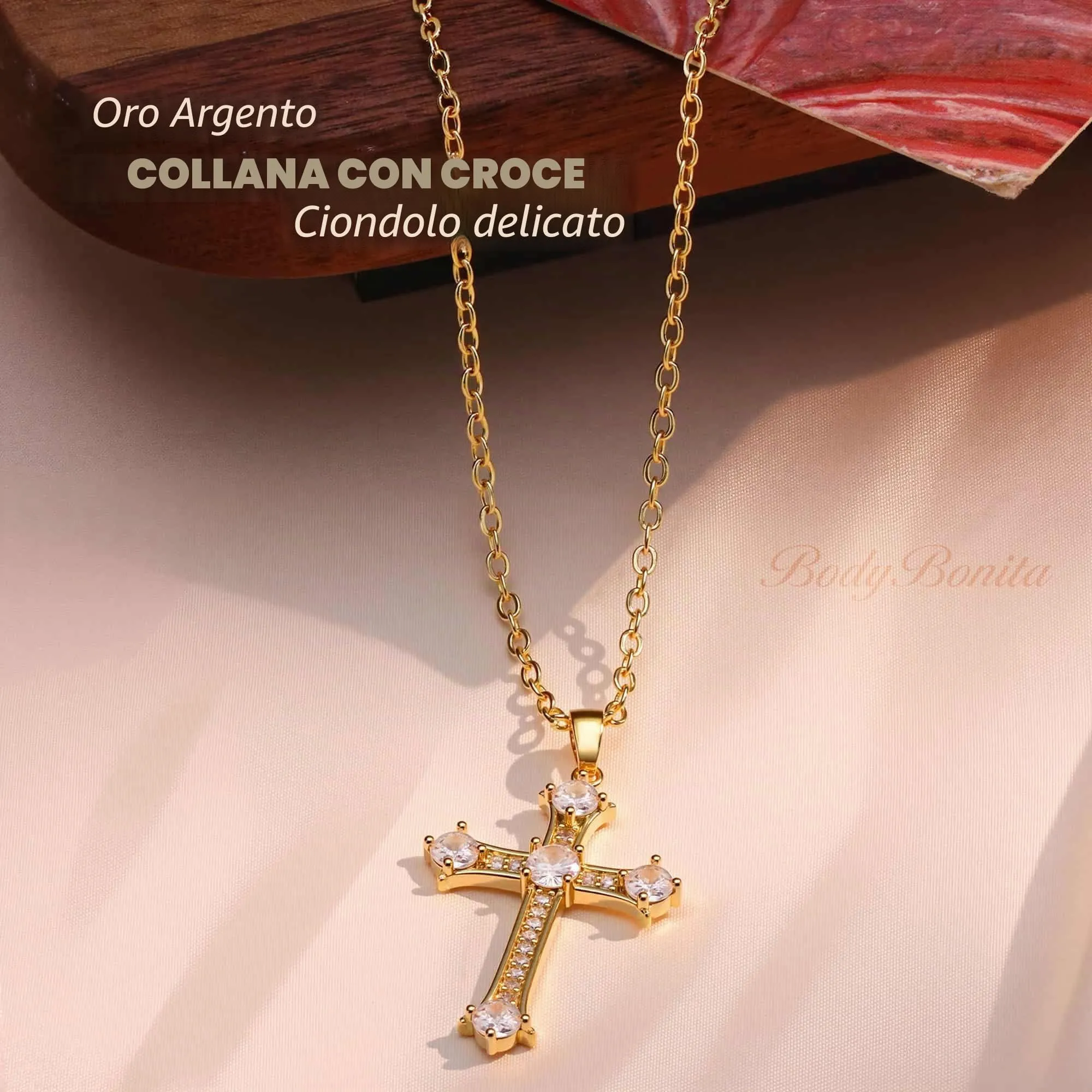 BodyBonita Collana con Croce Donna, Ciondolo Croce Semplice con Zirconia Cubica, Placcata in Oro 16K, Choker con Chiusura a Moschettone in Argento Sterling 925, Gioielli Moda G-D - immagine 2