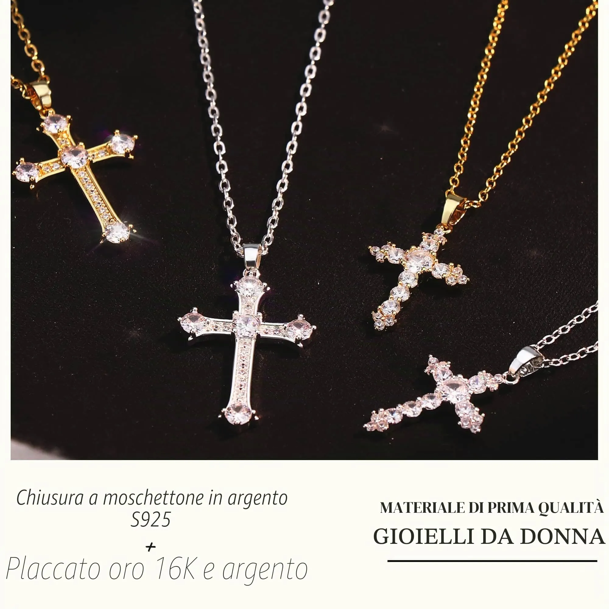 BodyBonita Collana con Croce Donna, Ciondolo Croce Semplice con Zirconia Cubica, Placcata in Oro 16K, Choker con Chiusura a Moschettone in Argento Sterling 925, Gioielli Moda G-D - immagine 6