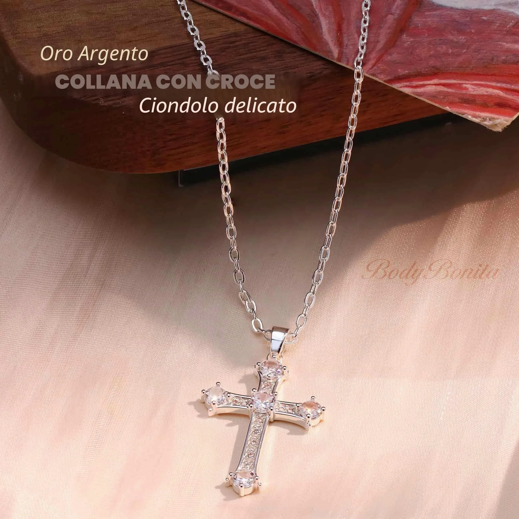 BodyBonita Collana con Croce Donna, Ciondolo Croce Semplice con Zirconia Cubica, Color Argento, Choker con Chiusura a Moschettone in Argento Sterling 925, Gioielli Moda S-D - immagine 2