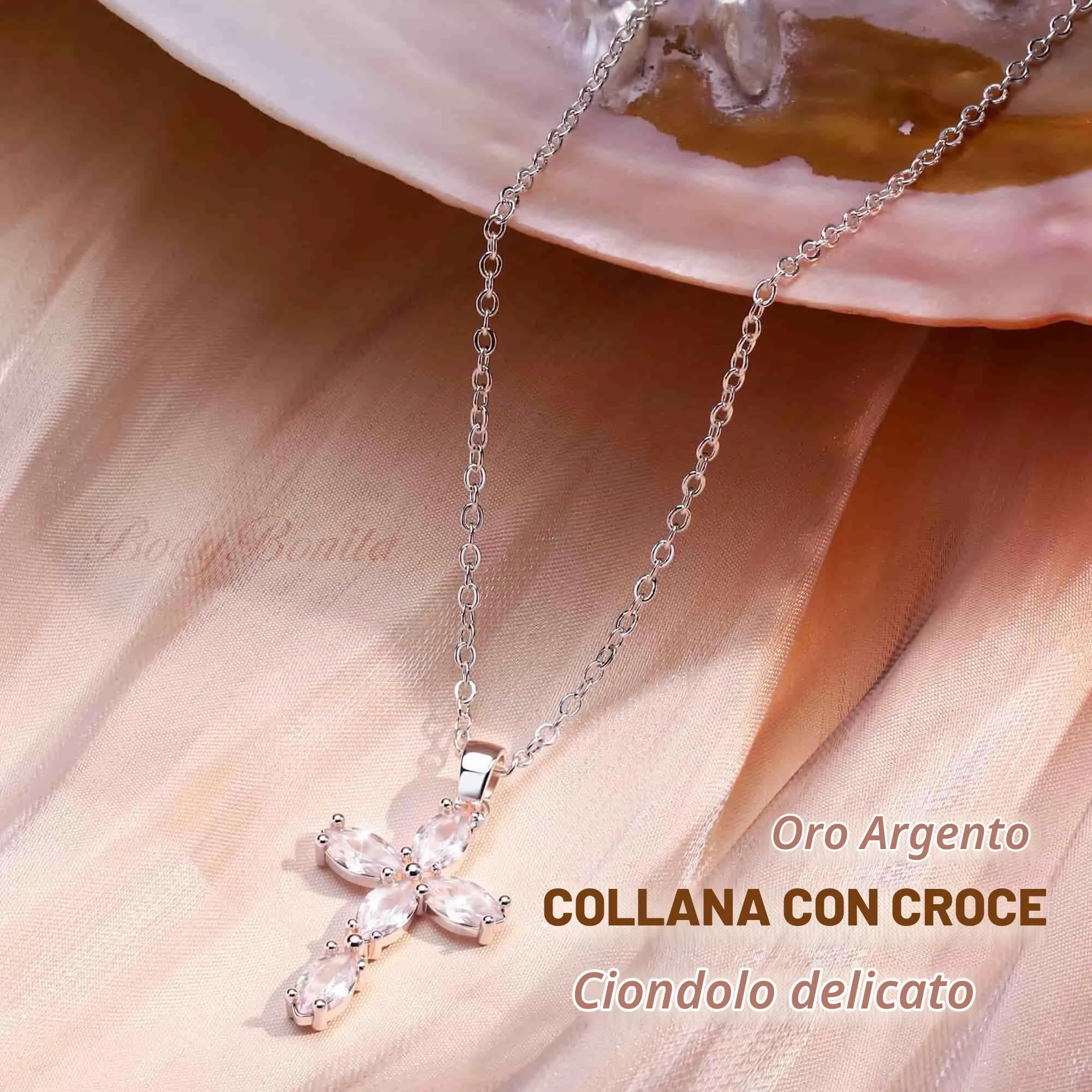 BodyBonita Collana con Croce Donna, Ciondolo Croce Semplice con Zirconia Cubica, Color Argento, Choker con Chiusura a Moschettone in Argento Sterling 925, Gioielli Moda S-A - immagine 2