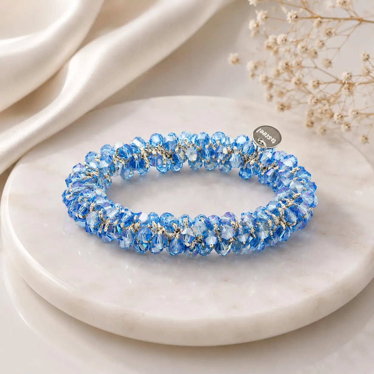 SAGA GIOIELLI® Bracciale donna elastico con cristalli sfaccettati – Bracciale elasticizzato - Confezione Regalo - Idea regalo - Regalo compleanno (AZZURRO) - immagine 2