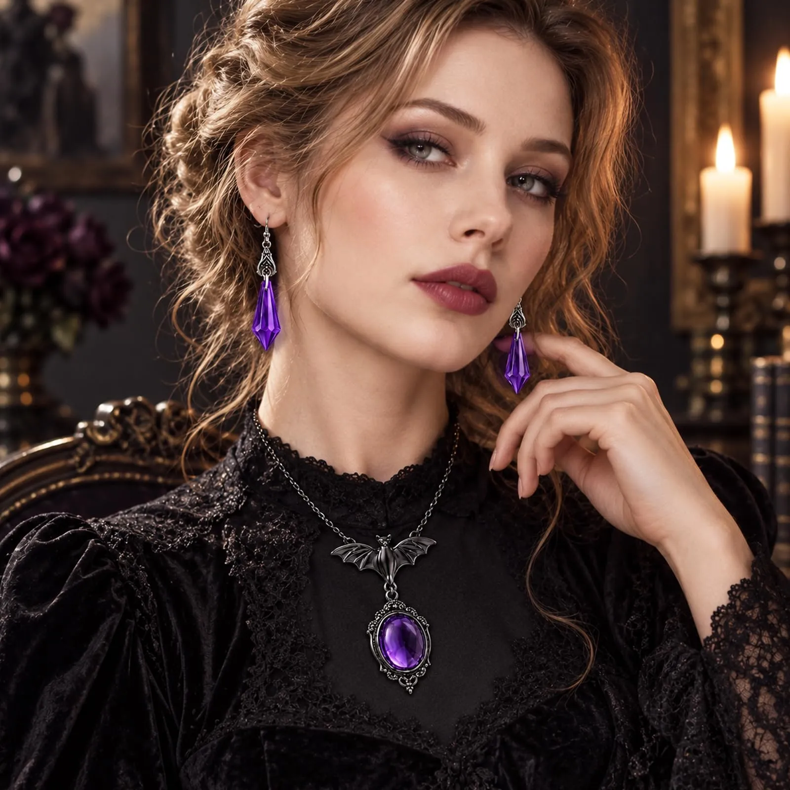 BlynthaToy Collana Gotica Ciondolo Ovale Cristallo, Gioiello Halloween Cosplay Festa per Donne Ragazze - immagine 3
