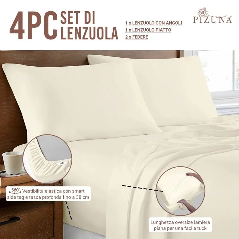 Pizuna Set lenzuola letto king size Cotone 160x200 cm Avorio 400 fili 4Pz - immagine 3