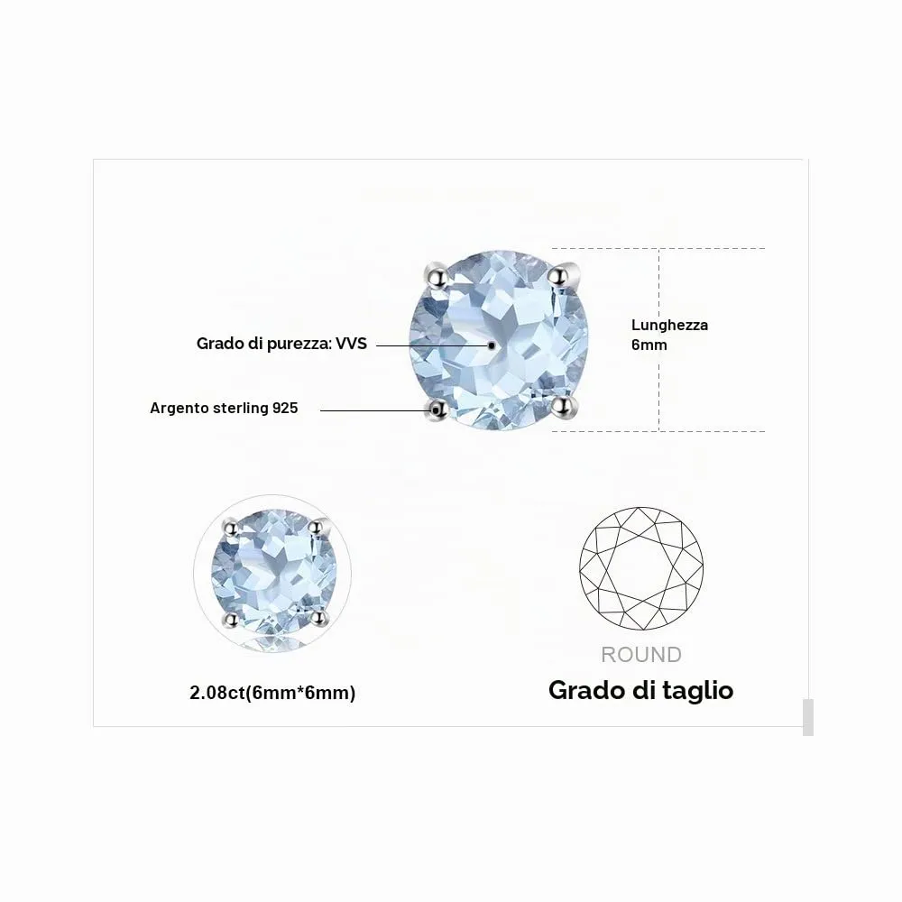 JewelryPalace Rotondo 2ct Naturale Cielo Blu Azzurro Topazio Birthstone Stud Orecchini 925 Sterling Argento - immagine 2