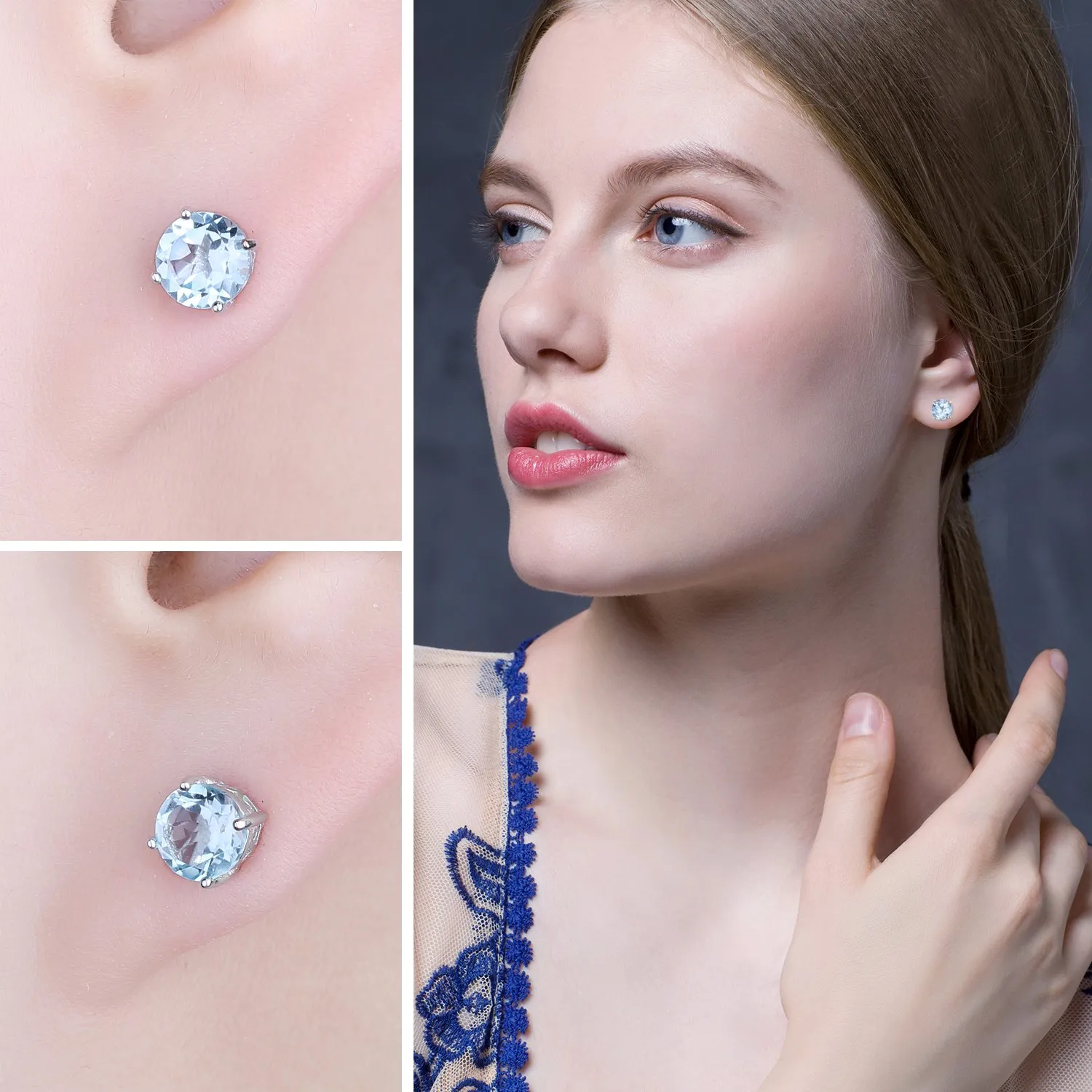 JewelryPalace Rotondo 2ct Naturale Cielo Blu Azzurro Topazio Birthstone Stud Orecchini 925 Sterling Argento - immagine 4
