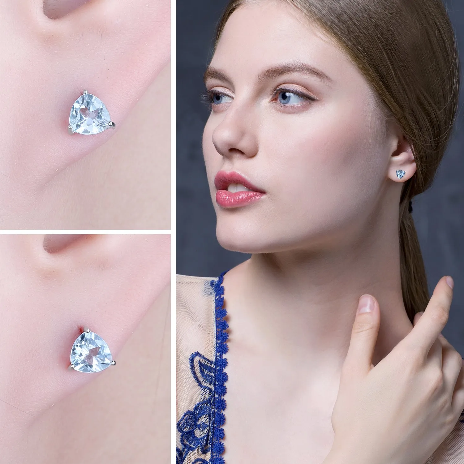 JewelryPalace Triangolo 1.9ct Naturale Cielo Blu Azzurro Topazio Birthstone Pure 925 Sterling Argento Stud Orecchini - immagine 4