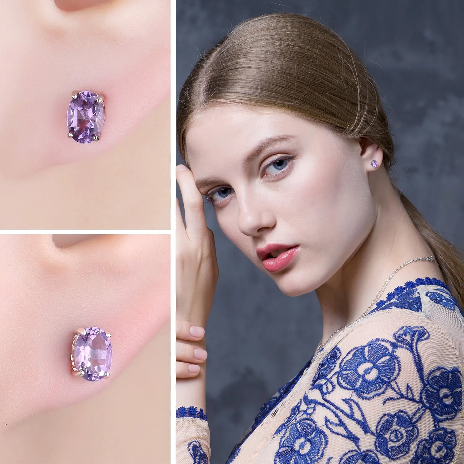 JewelryPalace Ovale 1.4ct Naturale Viola Ametista Birthstone Stud Orecchini Pure 925 Sterling Argento - immagine 4