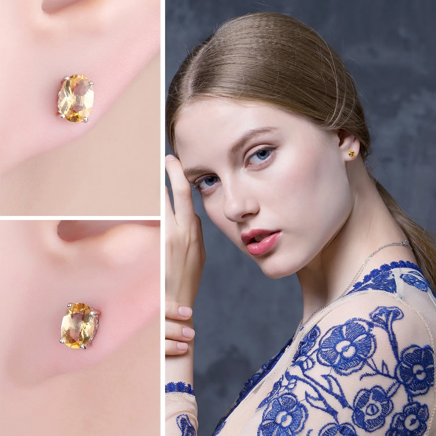 JewelryPalace Ovale 1.4ct Naturale Citrino Birthstone Stud Orecchini Solido 925 Sterling Argento - immagine 4