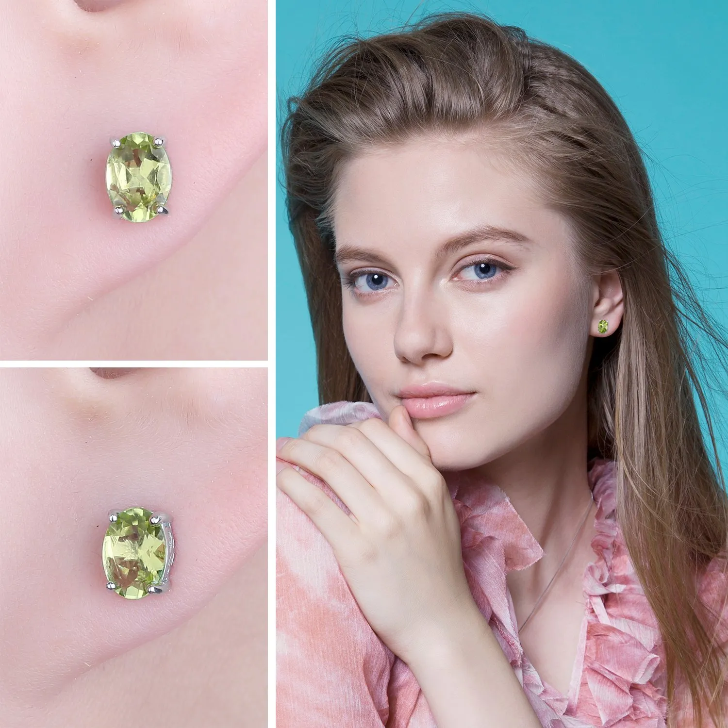 JewelryPalace Ovale 1.8ct Naturale Verde Peridot Birthstone Stud Orecchini Naturale 925 Sterling Argento - immagine 4