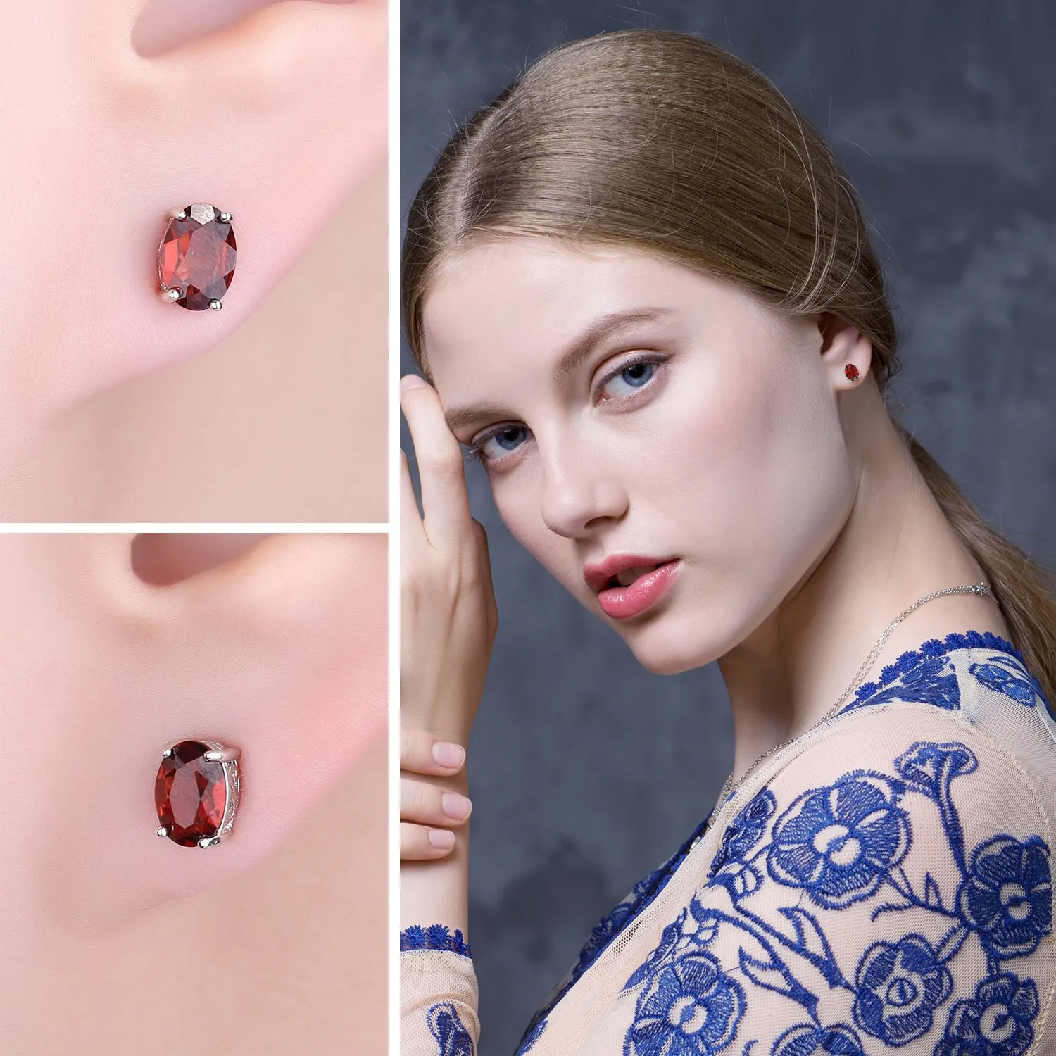 JewelryPalace Ovale 2ct Naturale Rosso Granato Birthstone Stud Orecchini Solido 925 Sterling Argento - immagine 4