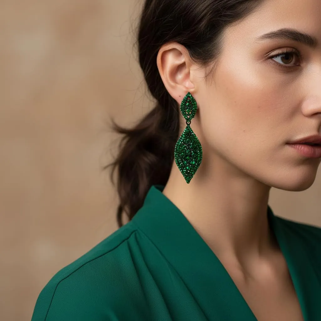 EVER FAITH Orecchini Cristallo austriaco Matrimonio Sposa Fascino 2 Foglia goccia pendente Verde Nero-fondo - immagine 2