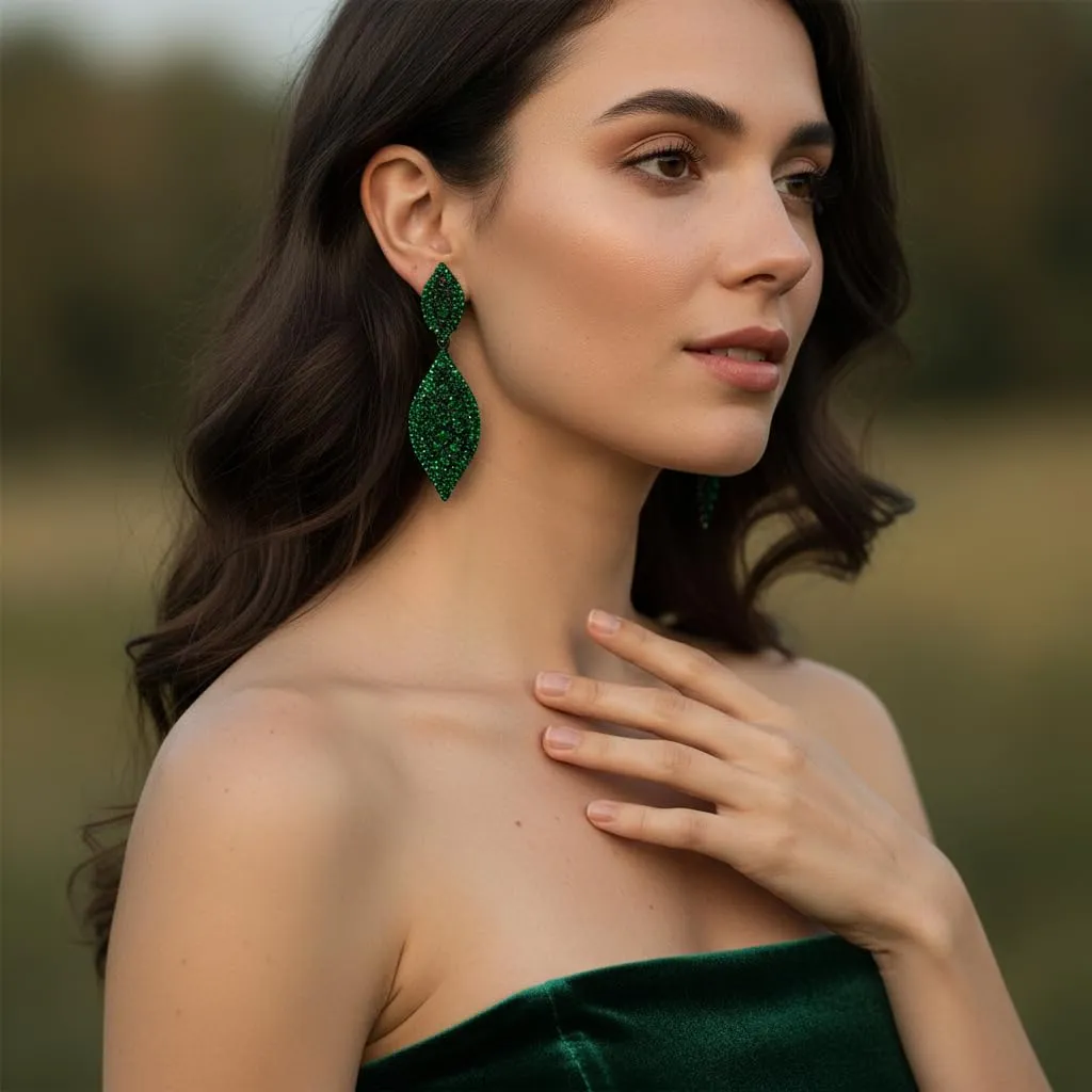 EVER FAITH Orecchini Cristallo austriaco Matrimonio Sposa Fascino 2 Foglia goccia pendente Verde Nero-fondo - immagine 4