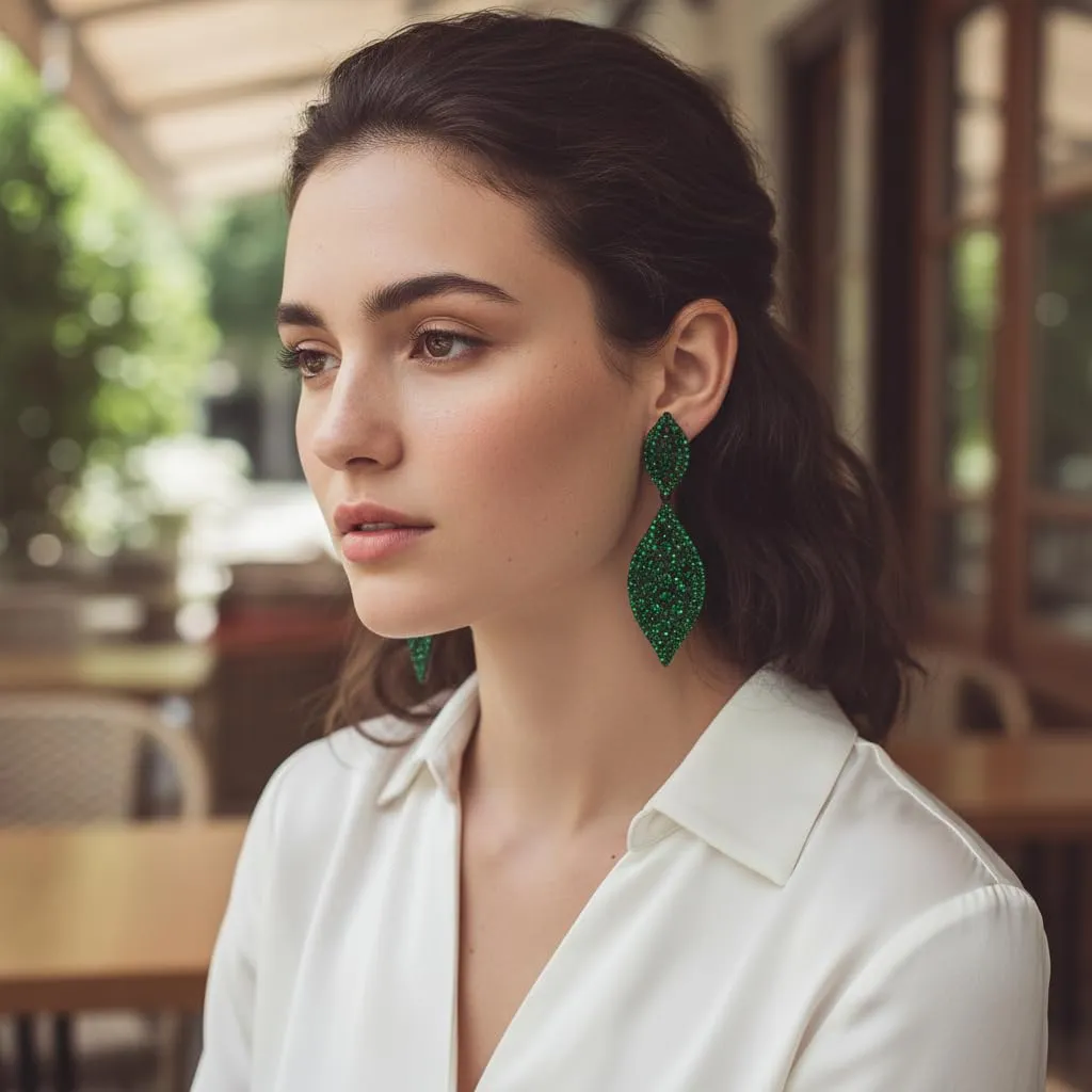 EVER FAITH Orecchini Cristallo austriaco Matrimonio Sposa Fascino 2 Foglia goccia pendente Verde Nero-fondo - immagine 5