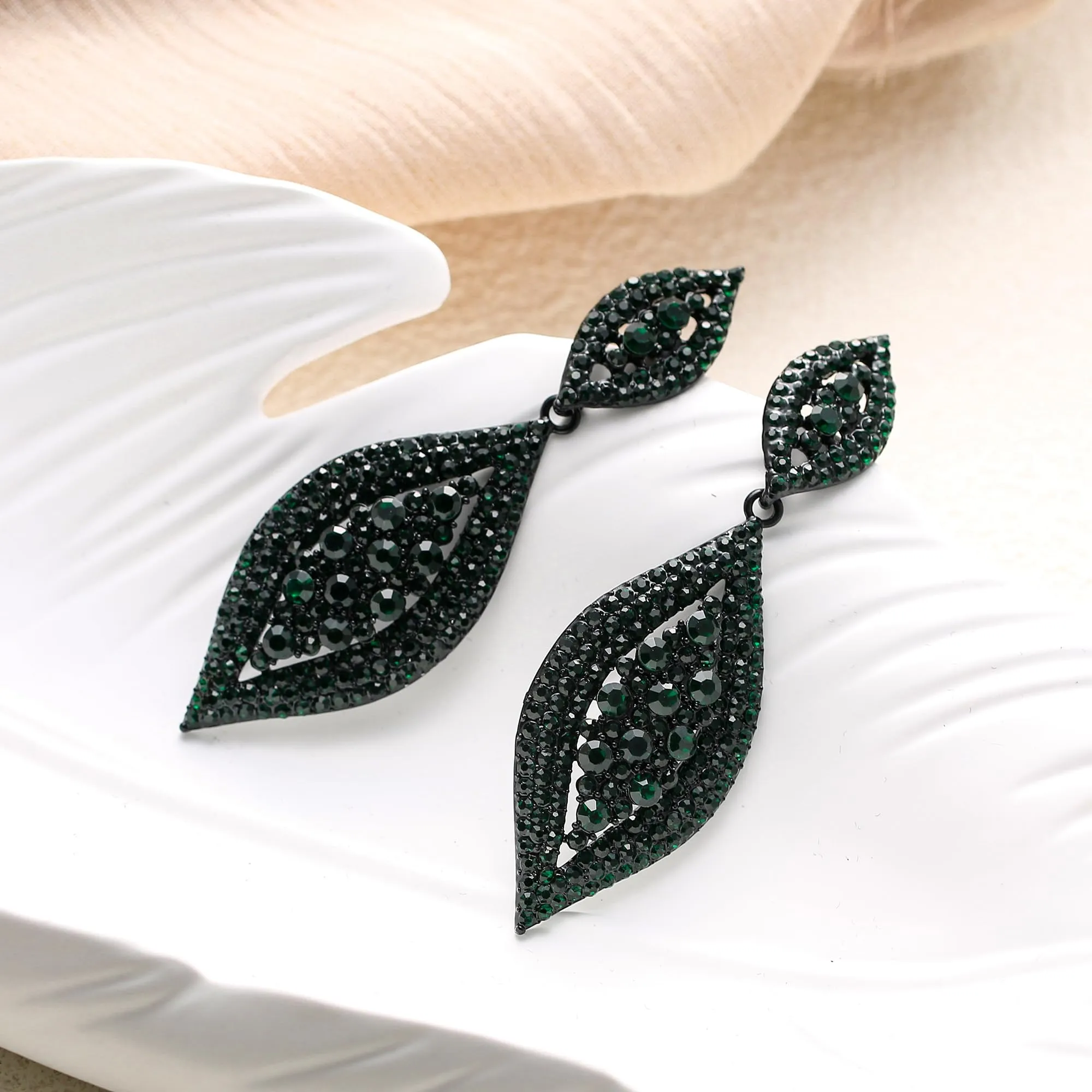 EVER FAITH Orecchini Cristallo austriaco Matrimonio Sposa Fascino 2 Foglia goccia pendente Verde Nero-fondo - immagine 6
