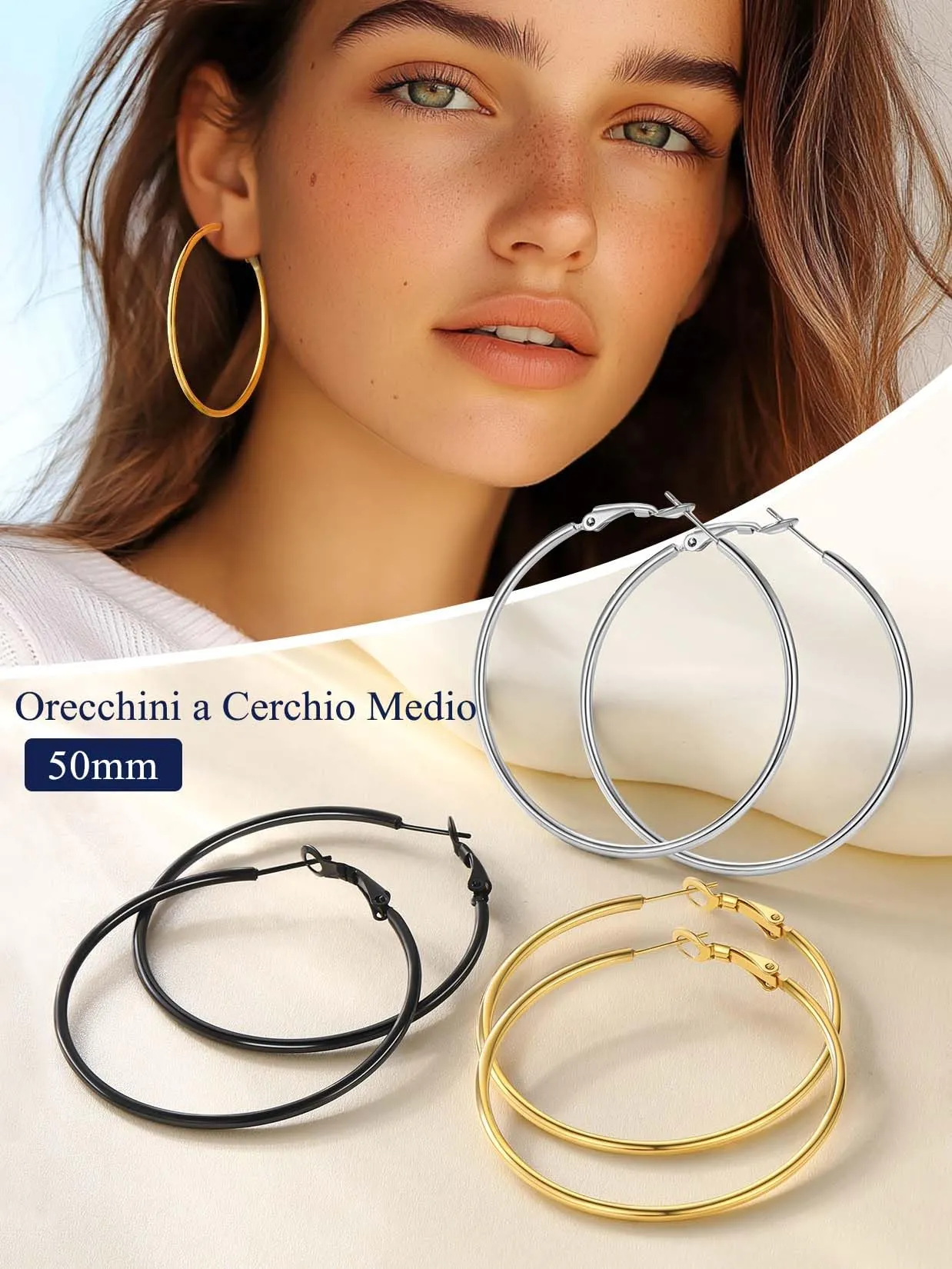 Suplight Orecchini Donna Cerchio Grande 50mm in Acciaio Inossidabile - immagine 3