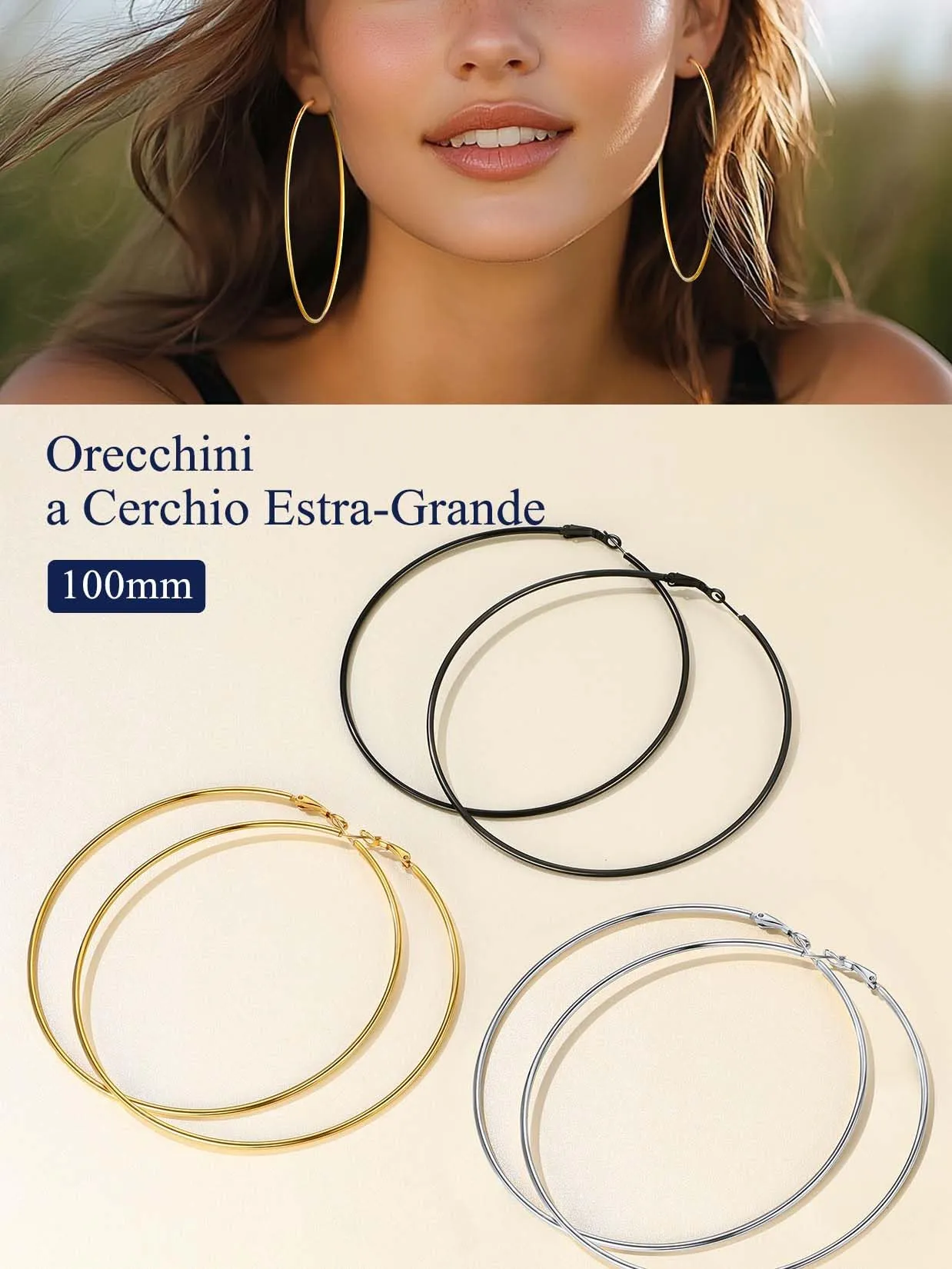 Suplight Orecchini Cerchio Donna Grande 100mm in Acciaio Inossidabile - immagine 4