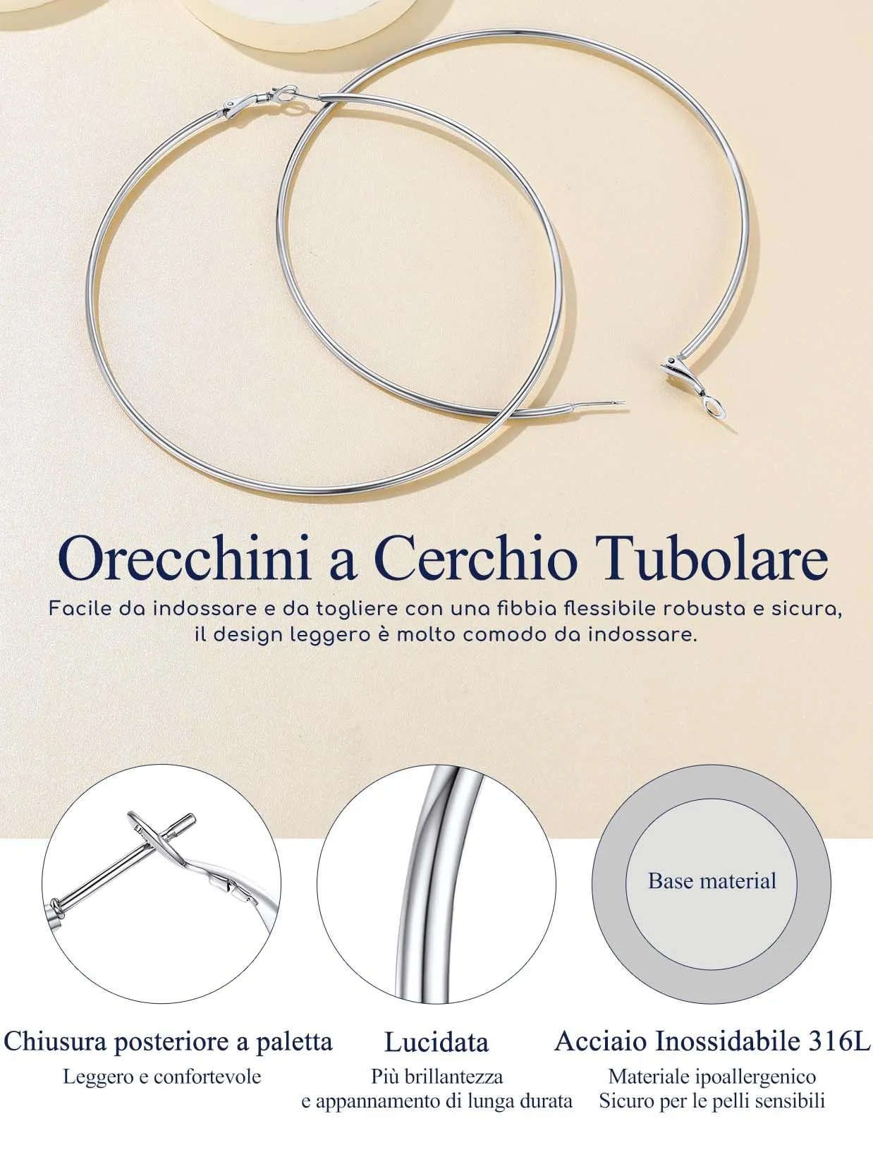 Suplight Orecchini Cerchio Donna Grande 100mm in Acciaio Inossidabile - immagine 6