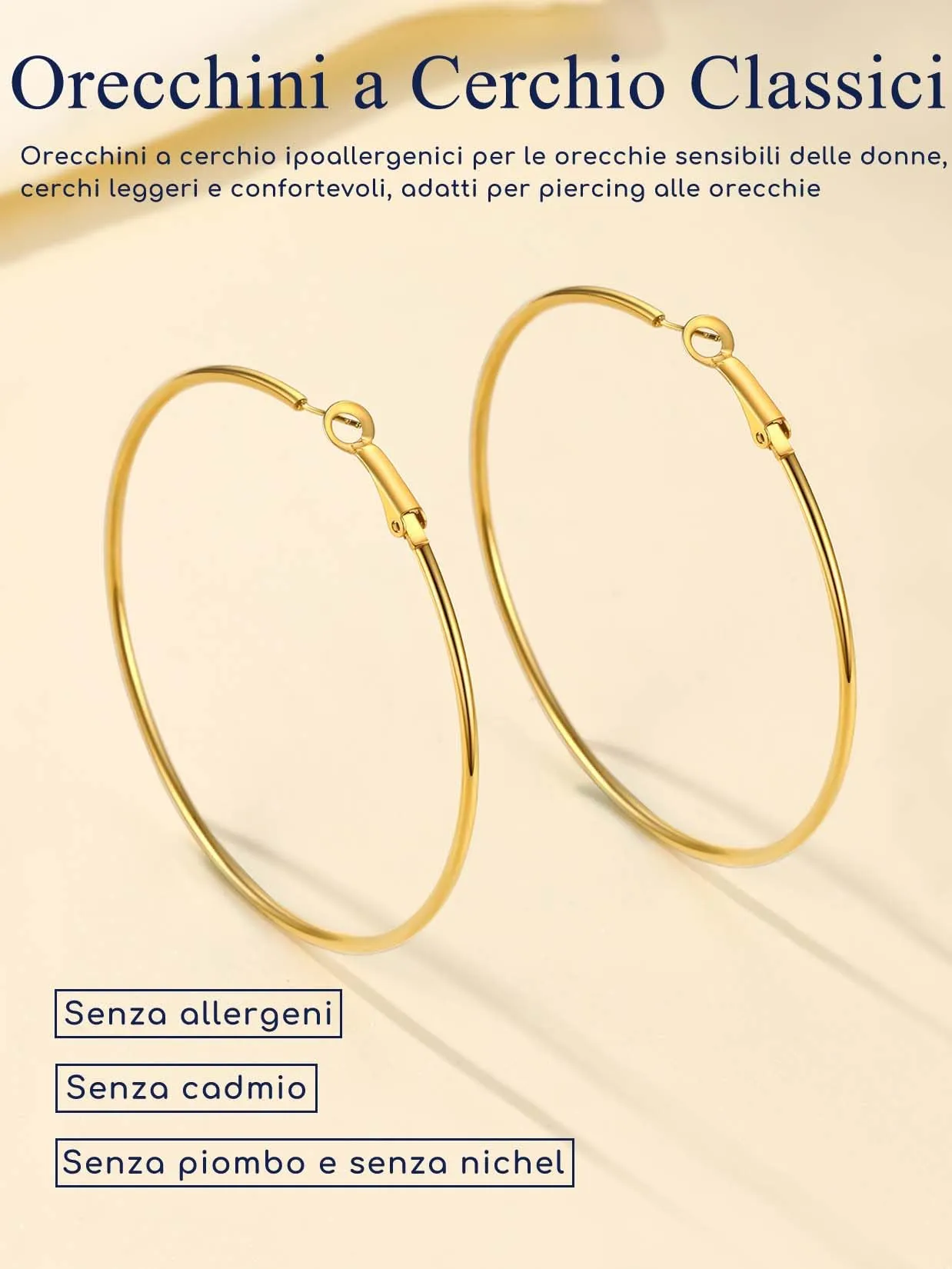 Suplight Orecchini Cerchio Donna Oro Grande 70mm in Acciaio Inossidabile - immagine 4
