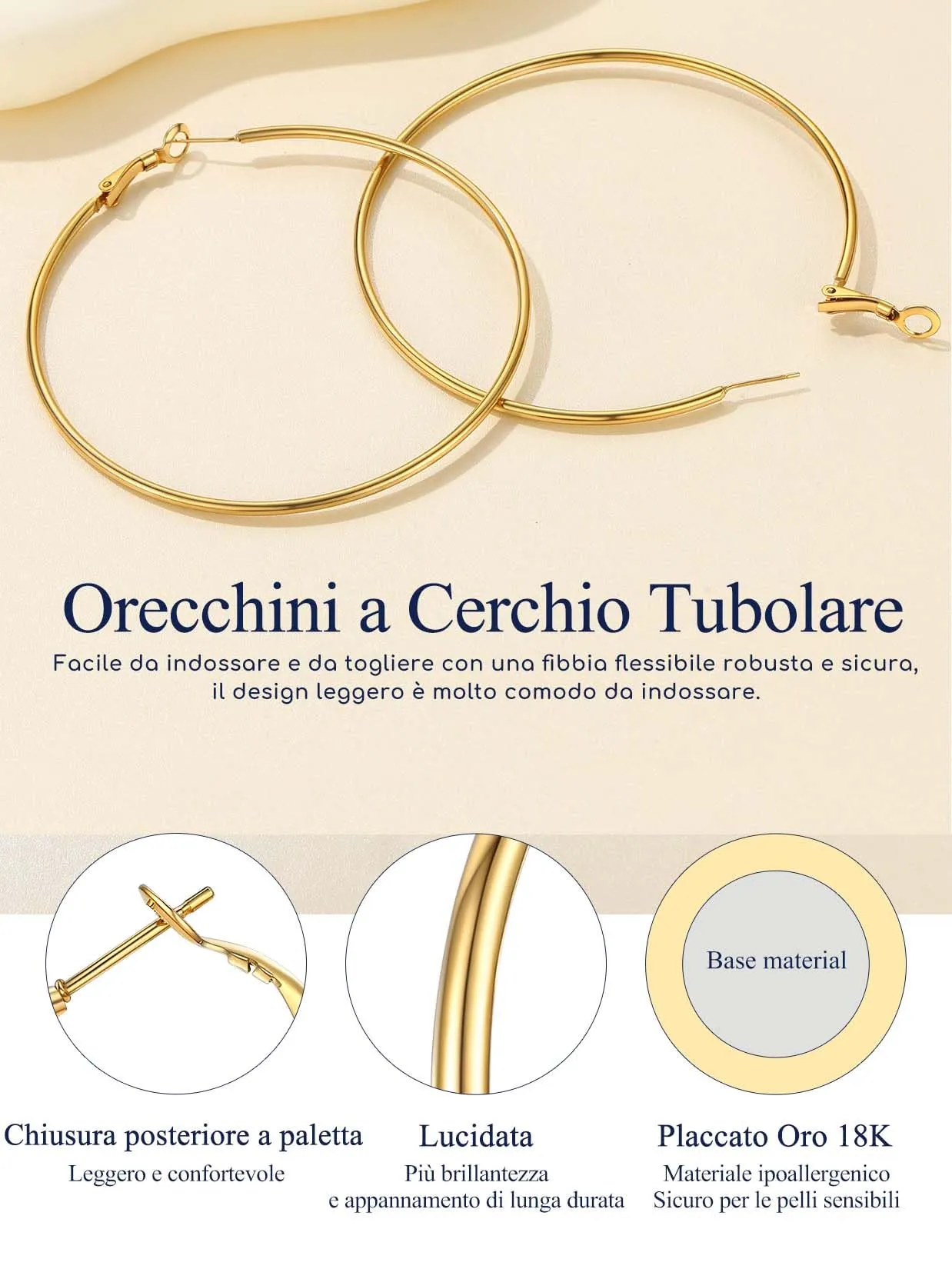 Suplight Orecchini Cerchio Donna Oro Grande 70mm in Acciaio Inossidabile - immagine 5