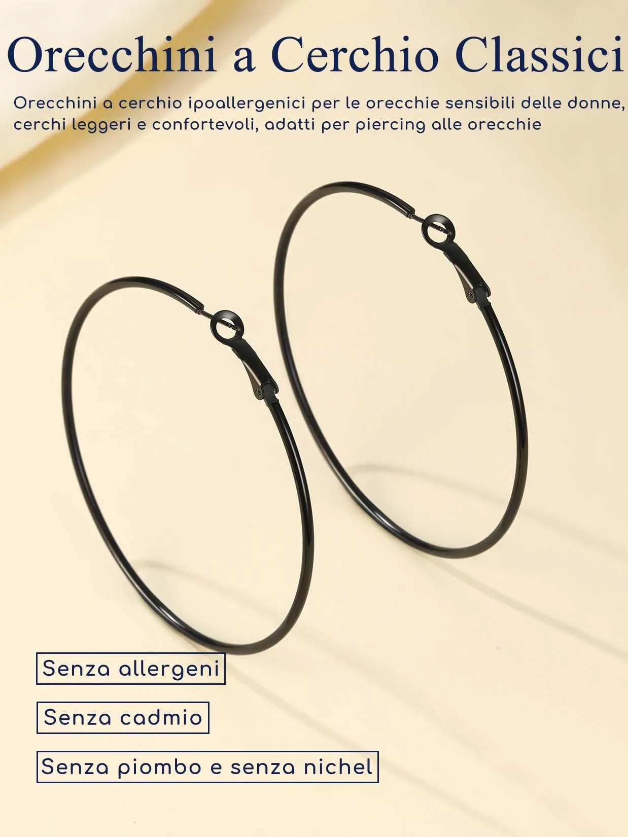 Suplight Orecchini Donna Cerchio Grande 70mm Nero in Acciaio Inossidabile - immagine 4