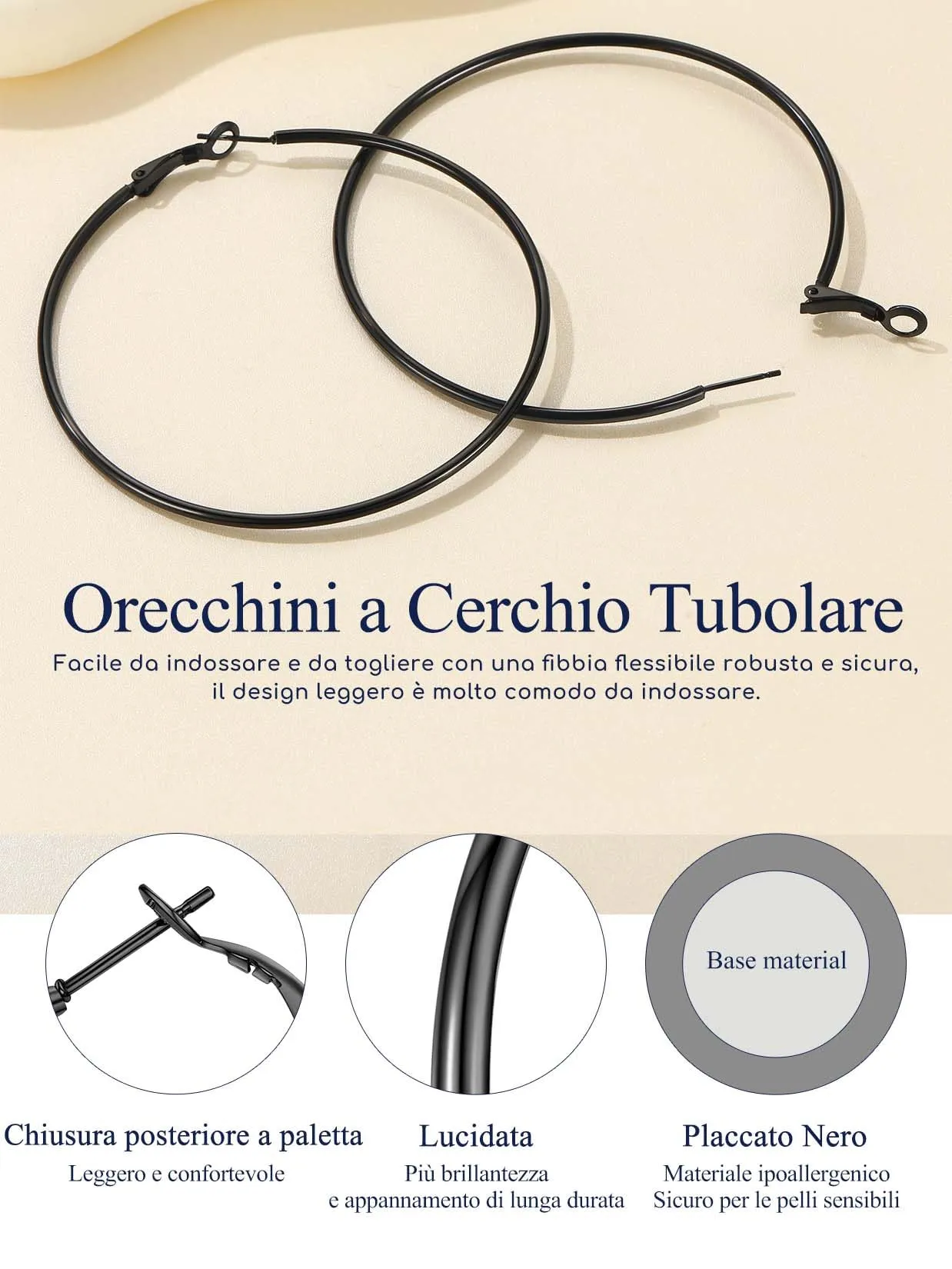 Suplight Orecchini Donna Cerchio Grande 70mm Nero in Acciaio Inossidabile - immagine 5