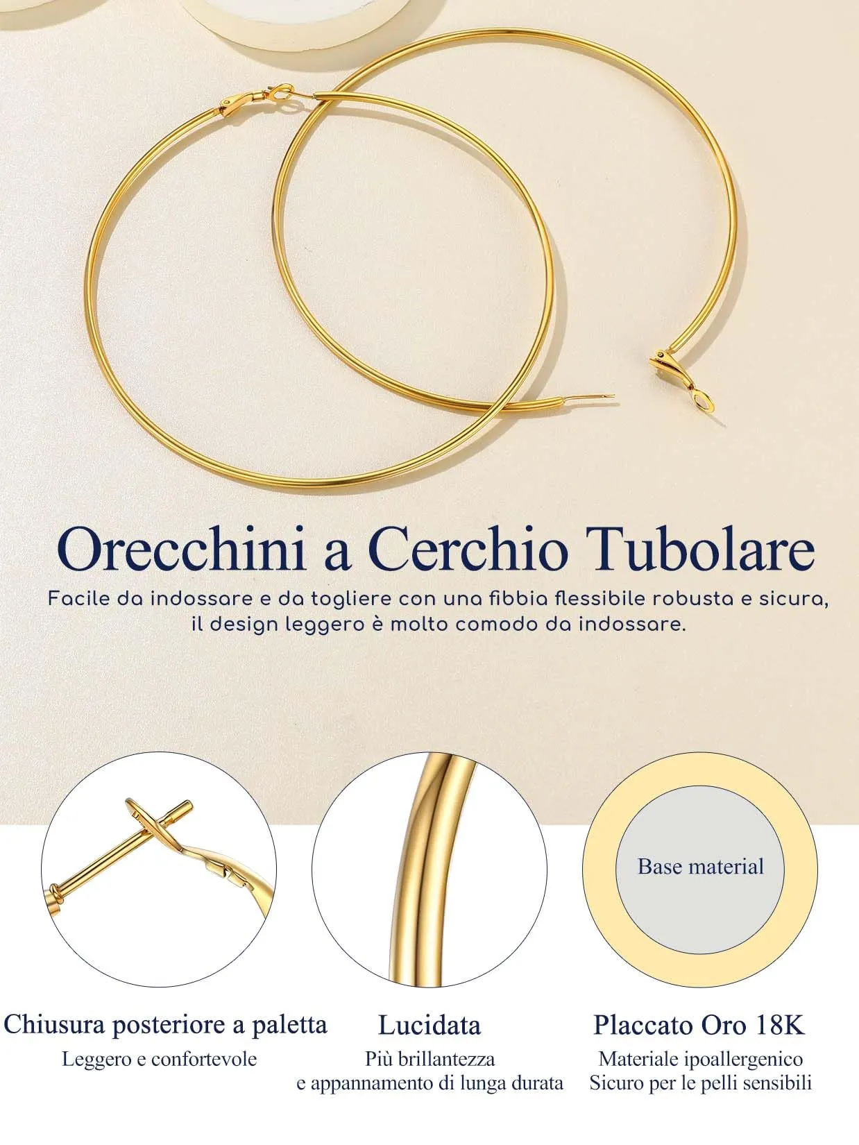 Suplight Orecchini Cerchio Donna Oro Grande 100mm in Acciaio Inossidabile - immagine 5