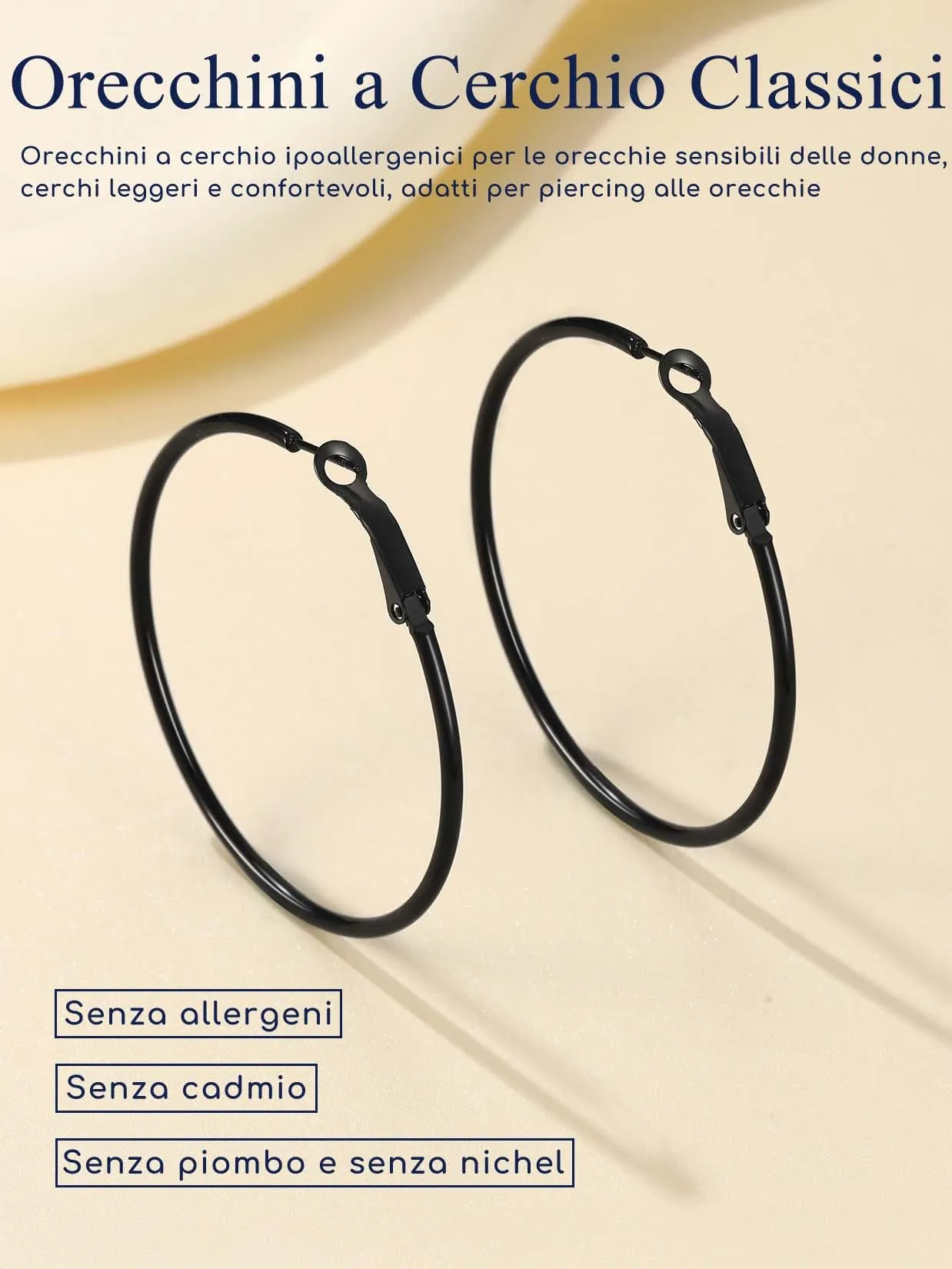 Suplight Orecchini Donna Cerchio Grande 50mm Nero in Acciaio Inossidabile - immagine 4