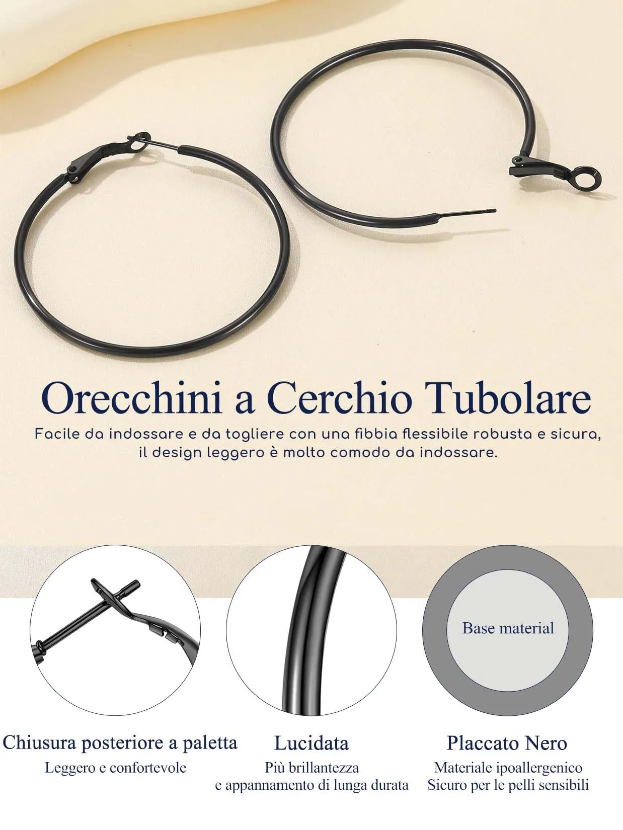 Suplight Orecchini Donna Cerchio Grande 50mm Nero in Acciaio Inossidabile - immagine 5