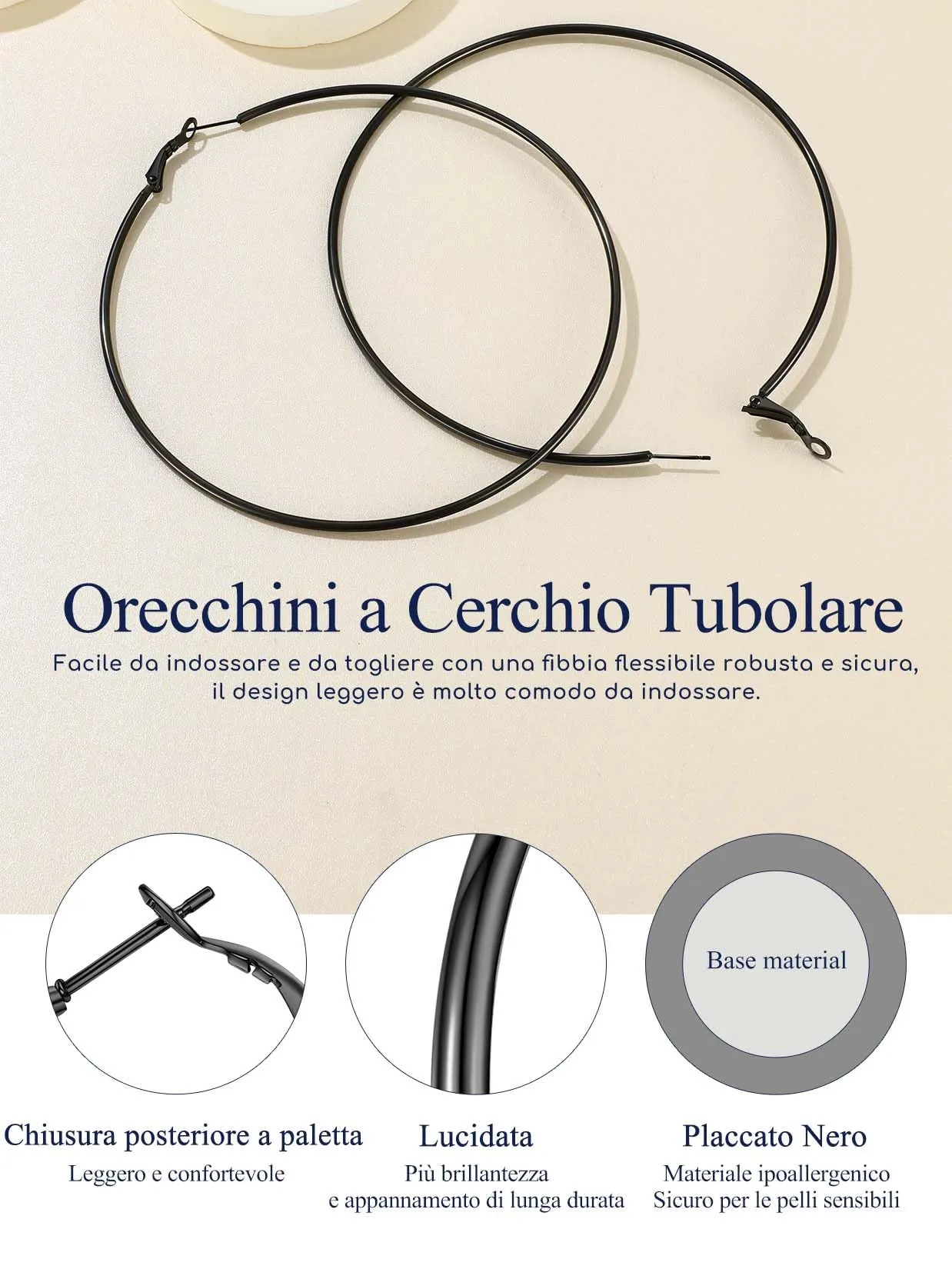 Suplight Orecchini Donna Cerchio Grande 100mm Nero in Acciaio Inossidabile - immagine 4