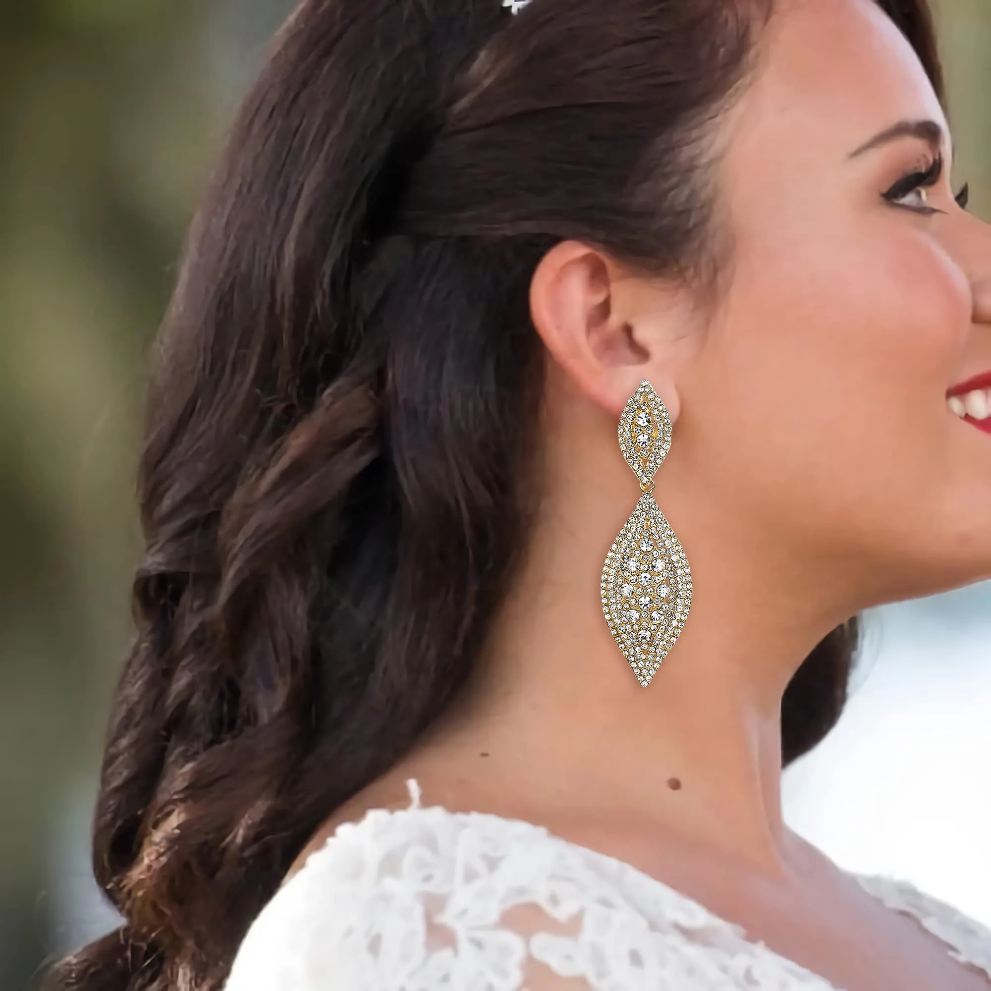 EVER FAITH Orecchini Cristallo austriaco Matrimonio Sposa Fascino 2 Foglia goccia pendente Trasparente Oro-fondo - immagine 2