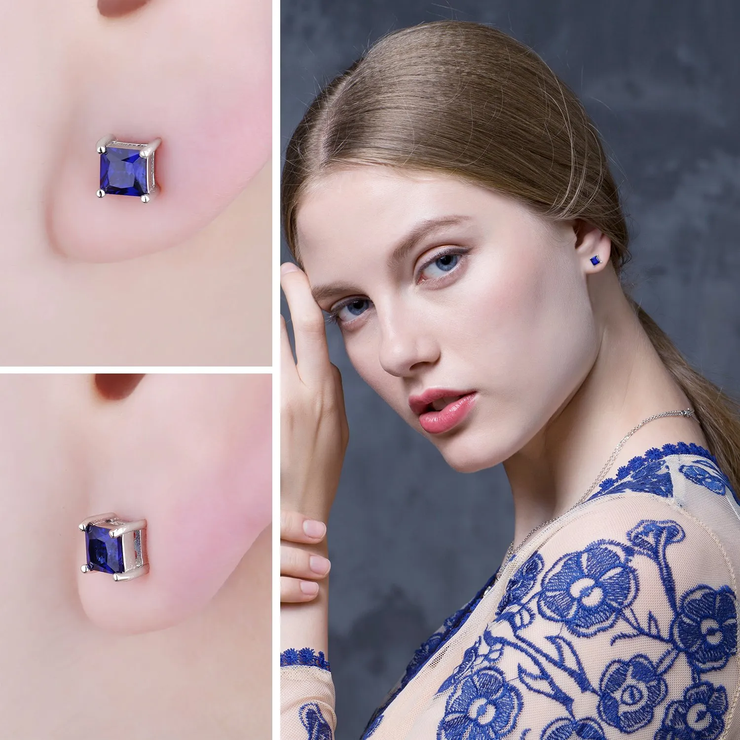 JewelryPalace: Orecchini Donna Argento 925 con Zaffiro Blu e Pietre Dure, a Lobo e Bottone con Taglio Principessa - immagine 5