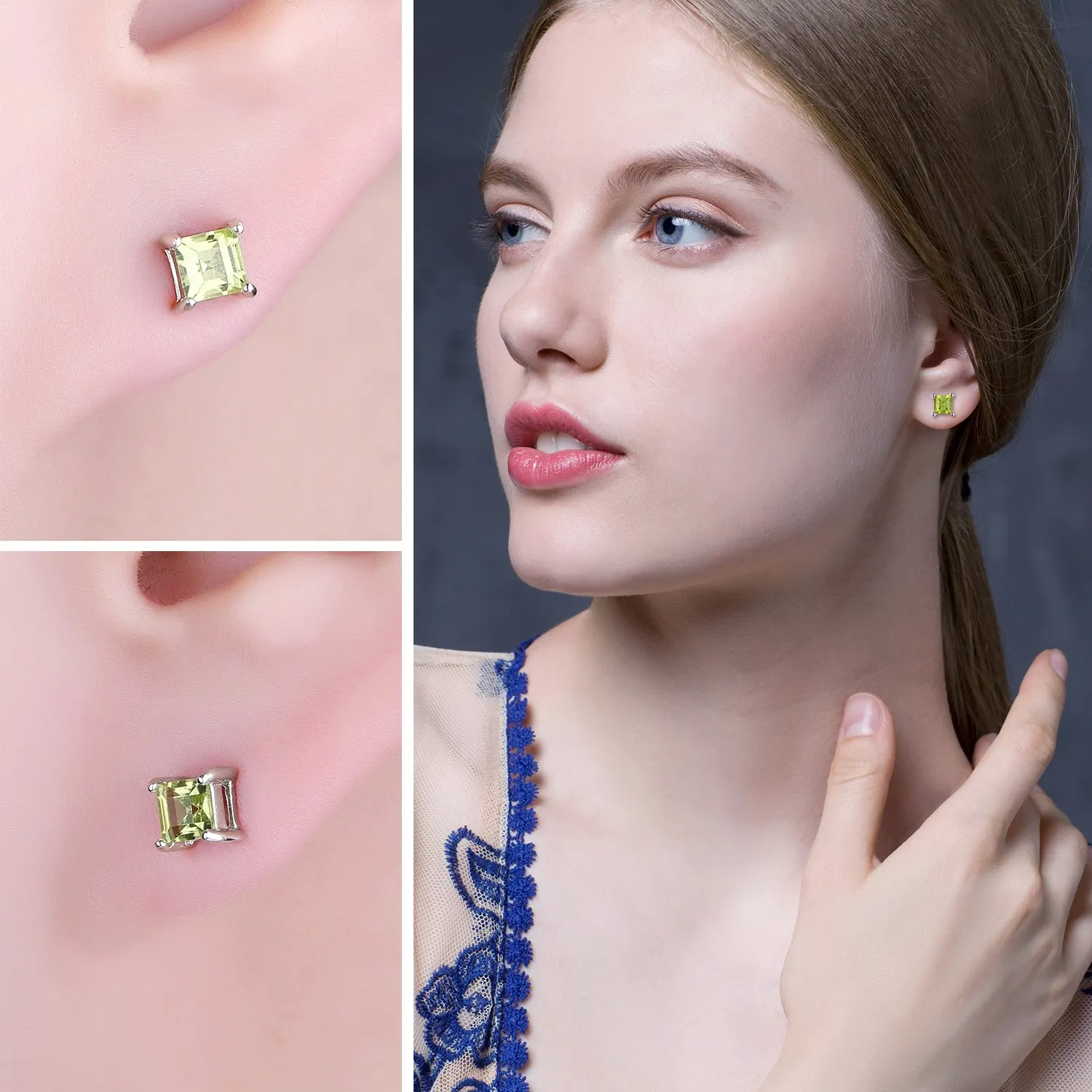 JewelryPalace 0.6ct Orecchini a Lobo Donna Argento 925 con Naturale Peridoto Verde, Piercing Orecchini a Bottone Donna con Pietre Dure a Taglio Quadrato, Orecchini Verdi e Argento Set Gioielli - immagine 5