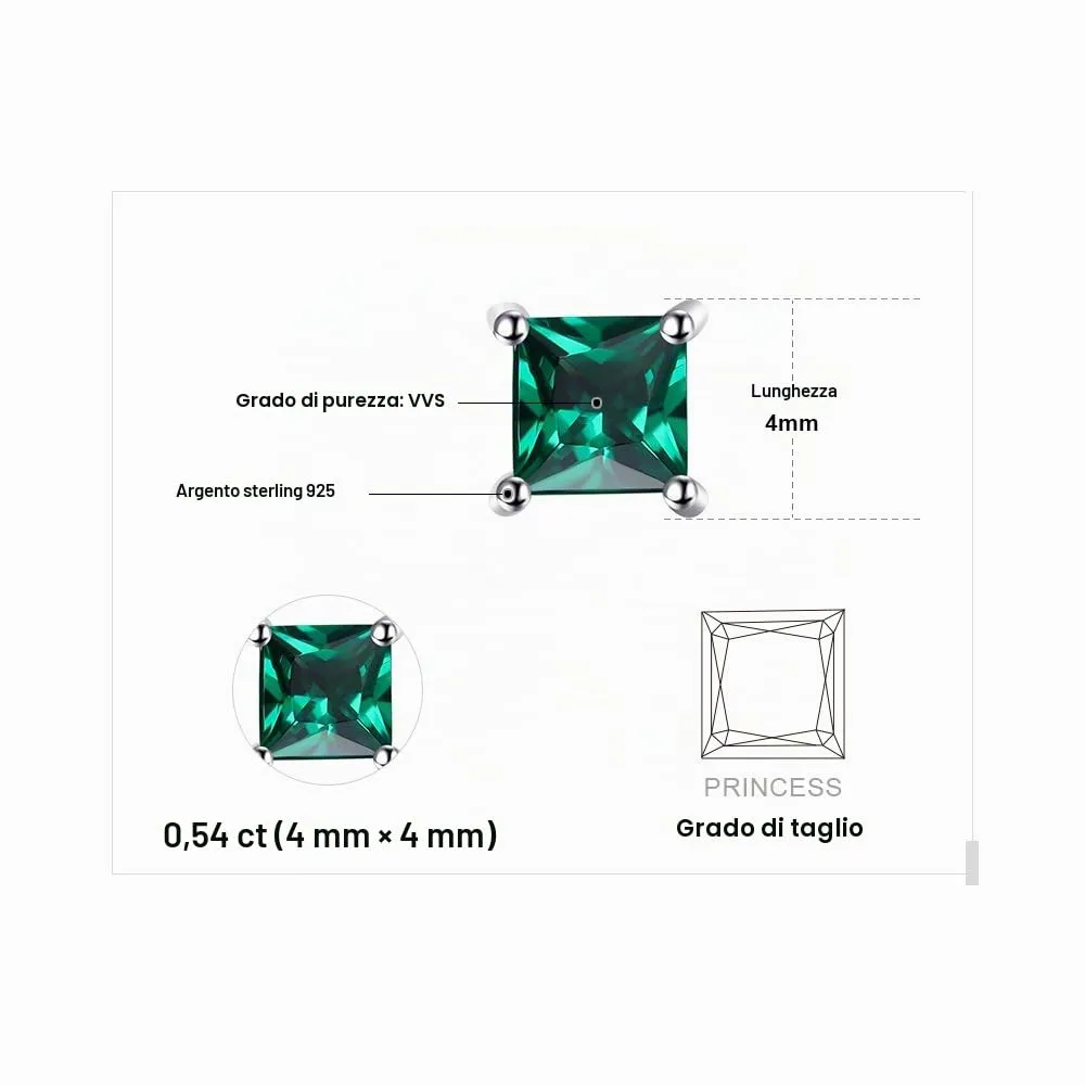 JewelryPalace Orecchini a Lobo Argento 925 Con Simulato Smeraldo Verde, Piercing a Bottone Con Pietre a Taglio Principessa, Set Gioielli Donna Verdi e Argento - immagine 2