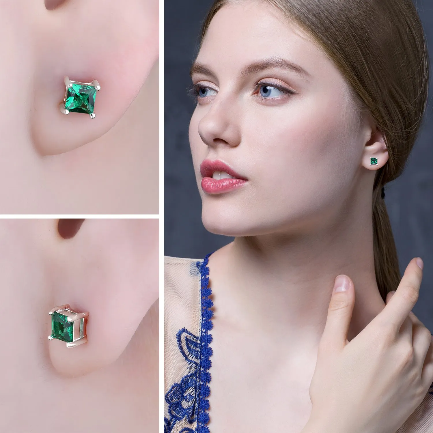 JewelryPalace Orecchini a Lobo Argento 925 Con Simulato Smeraldo Verde, Piercing a Bottone Con Pietre a Taglio Principessa, Set Gioielli Donna Verdi e Argento - immagine 5