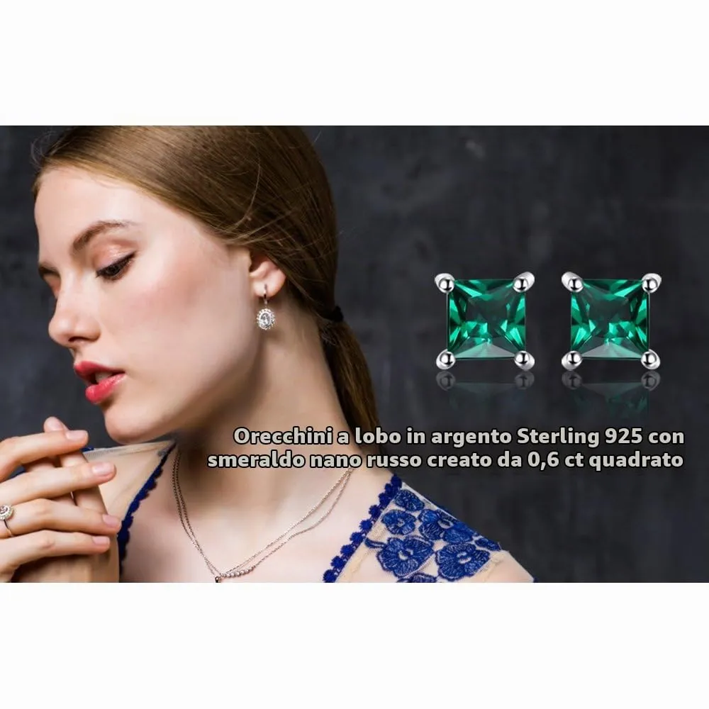 JewelryPalace Orecchini a Lobo Argento 925 Con Simulato Smeraldo Verde, Piercing a Bottone Con Pietre a Taglio Principessa, Set Gioielli Donna Verdi e Argento - immagine 6