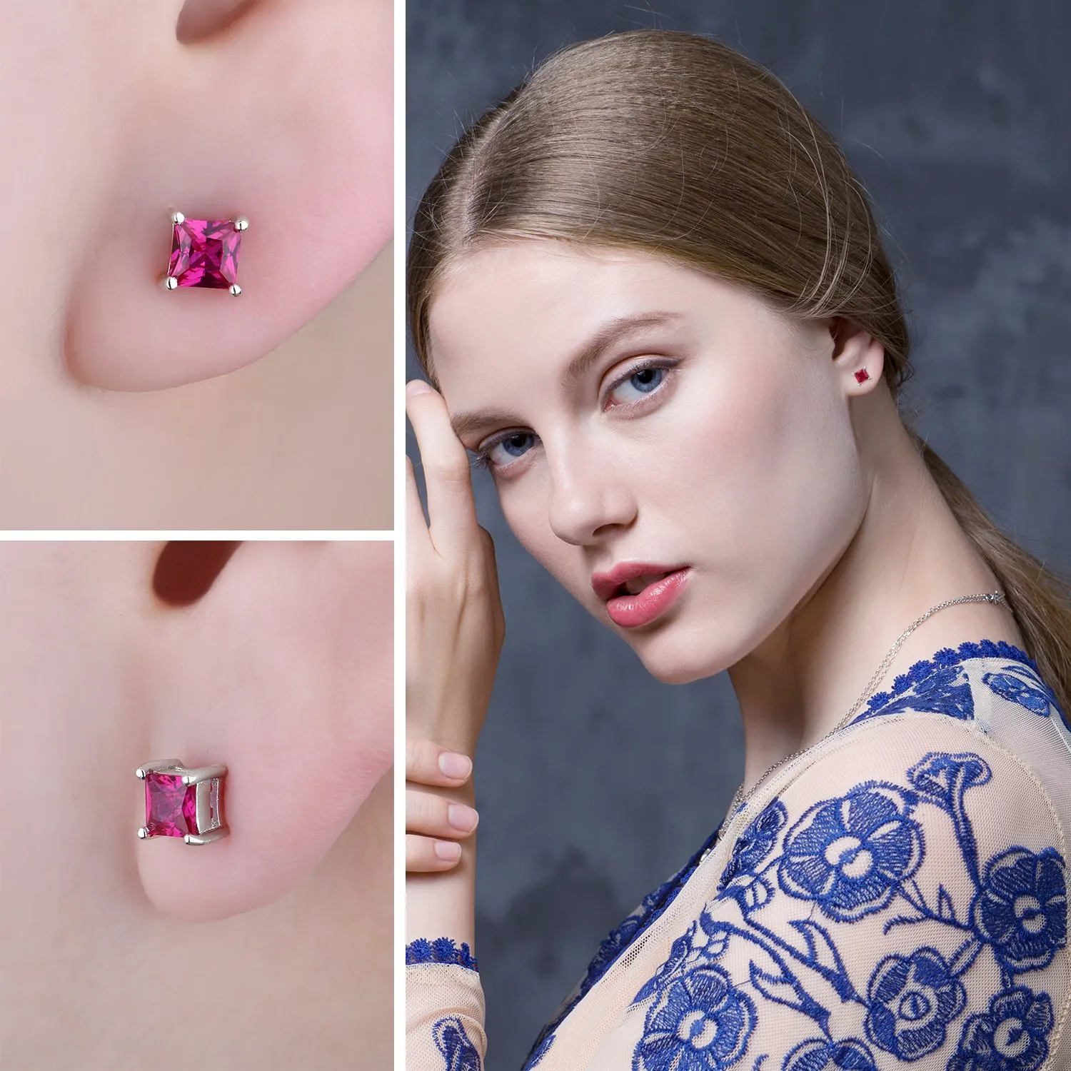 JewelryPalace Orecchini a Lobo in Argento 925 Donna con Naturale Ametista, Topazio, Citrino, Granato, Peridoto, Rubino, Zaffiro, Smeraldo - Set Piercing Quadrato a Bottone - immagine 5