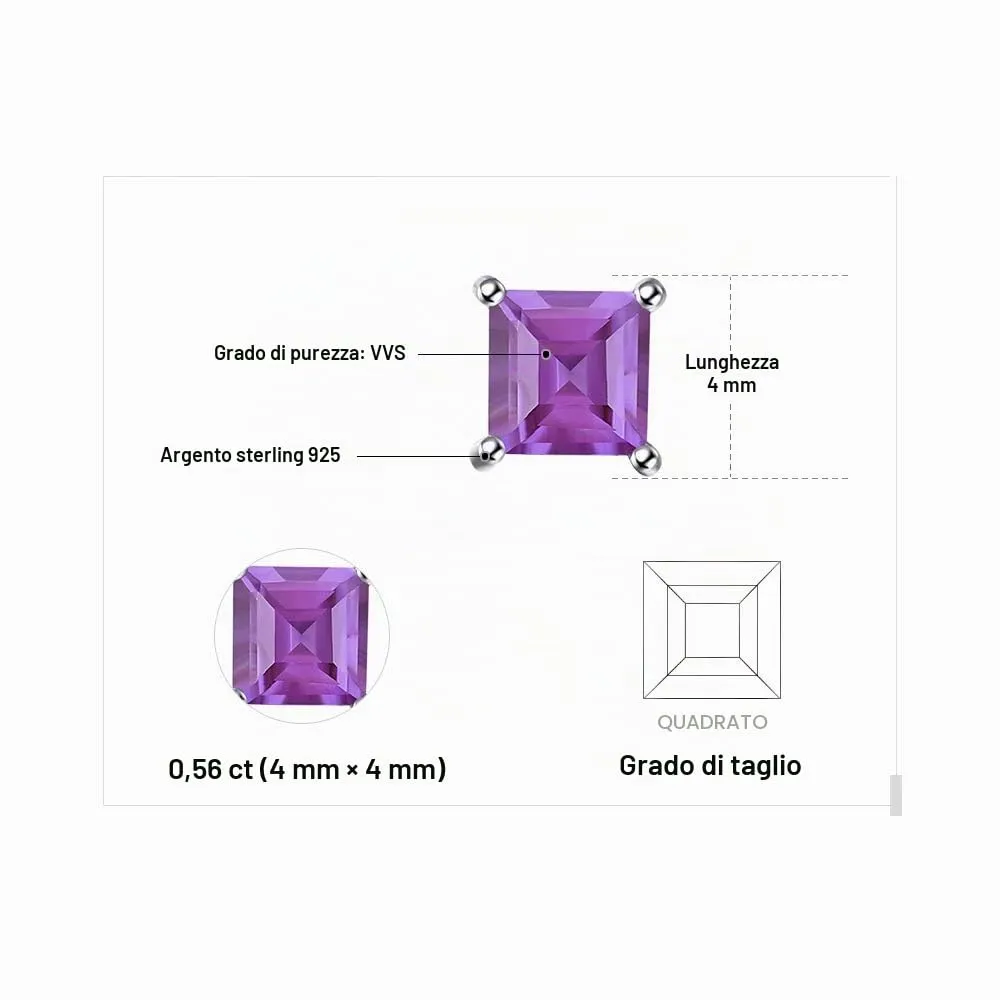 JewelryPalace Orecchini a Lobo Argento 925 con Naturale Ametista Viola, Piercing a Bottone con Pietre Dure a Taglio Quadrato, Set Gioielli Donna Viola e Argento - immagine 2